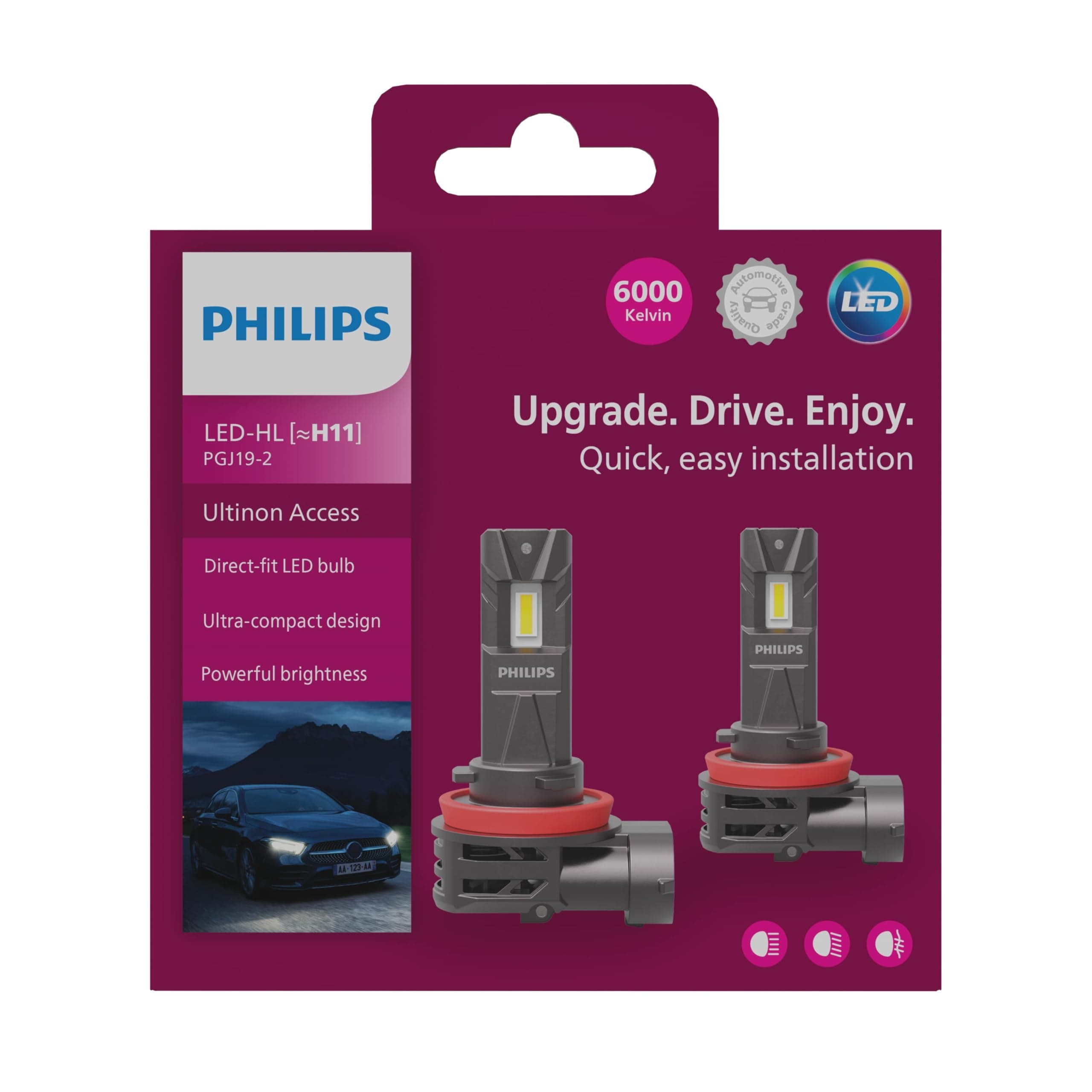 Philips Ultinon Access LED car headlight bulb (H11), ultra-compact direct-fit, 80%, 6000K, set of 2