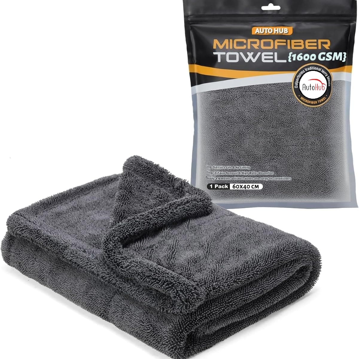 Auto Hub 1600gsm Microfiber Cleaning Cloth - Dual Sided Microfiber Cloth - Lint & Streak Free Car Cleaning Clothes - Multipurpose Car Wash Cloth-Twisted Loop-1pc,60x40cm-Grey