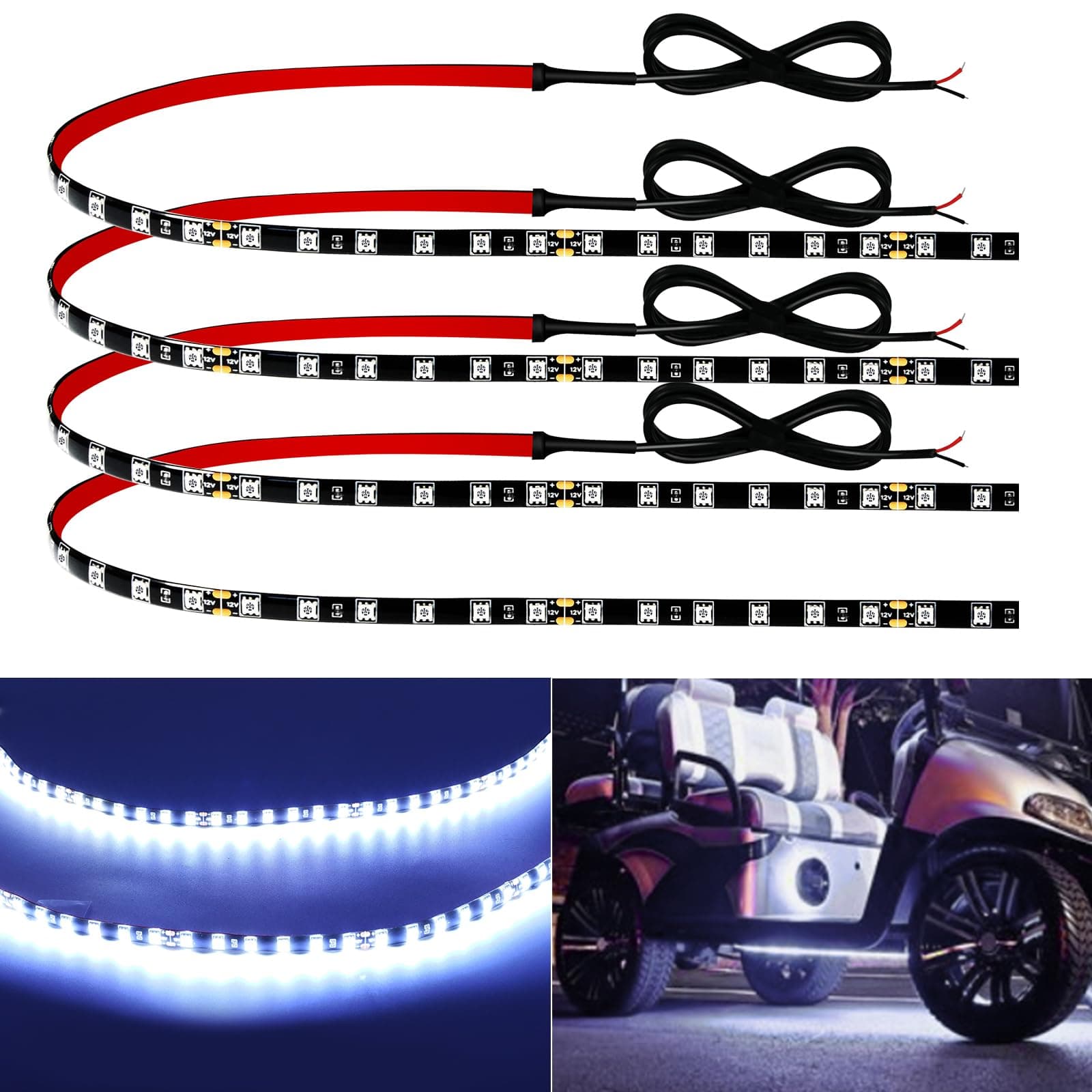 12V Led Light Strip 24" Connectable White Led Strip Lights for Cars Golf Cart Motorcycle Boat Trucks Waterproof Interior& Exterior, 4Pack