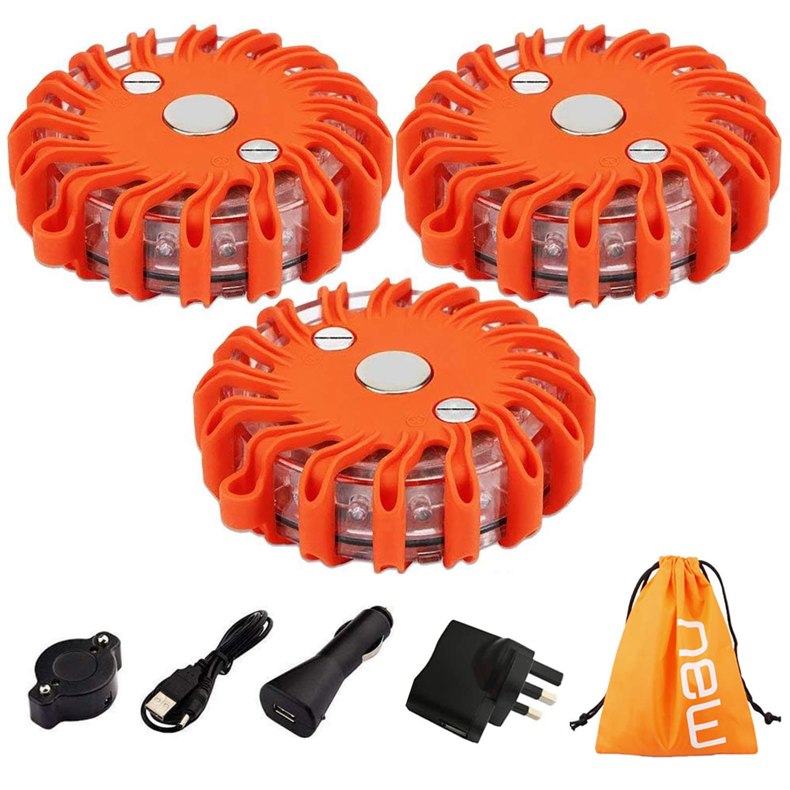 Flashing Warning Lights, 3 Pieces Rechargeable Emergency Breakdown Lights, Orange Hazard Light, Magnetic Flashing Light, Led Beacon for Traffic accidents, Breakdowns, Road & Water Hazards