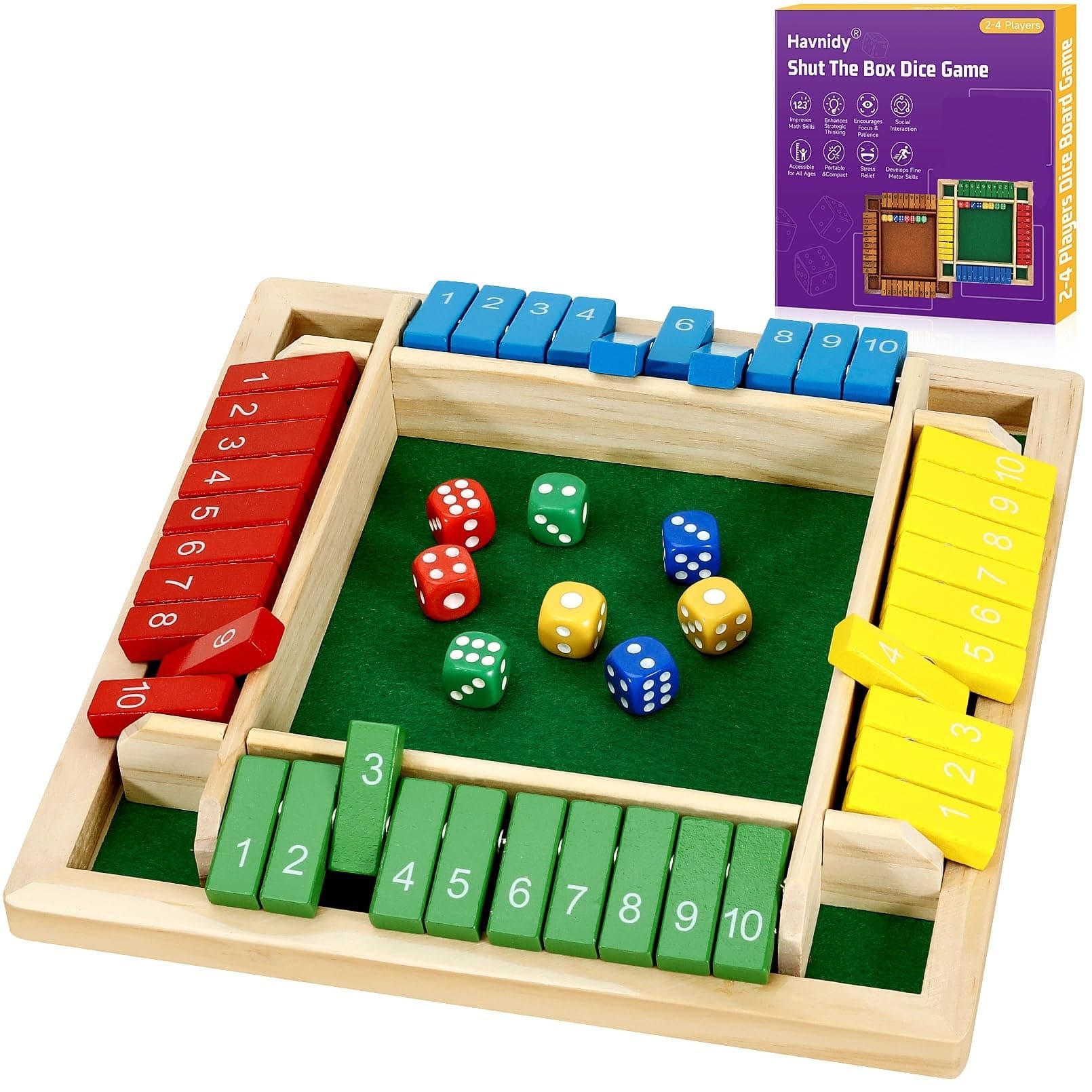 Shut The Box Game 4 Player Wooden Table Games,Classic Dice Games,Travel Game,Wooden Math Traditional Pub Board Dice Game, Great Family Board Games Holiday Fun Game