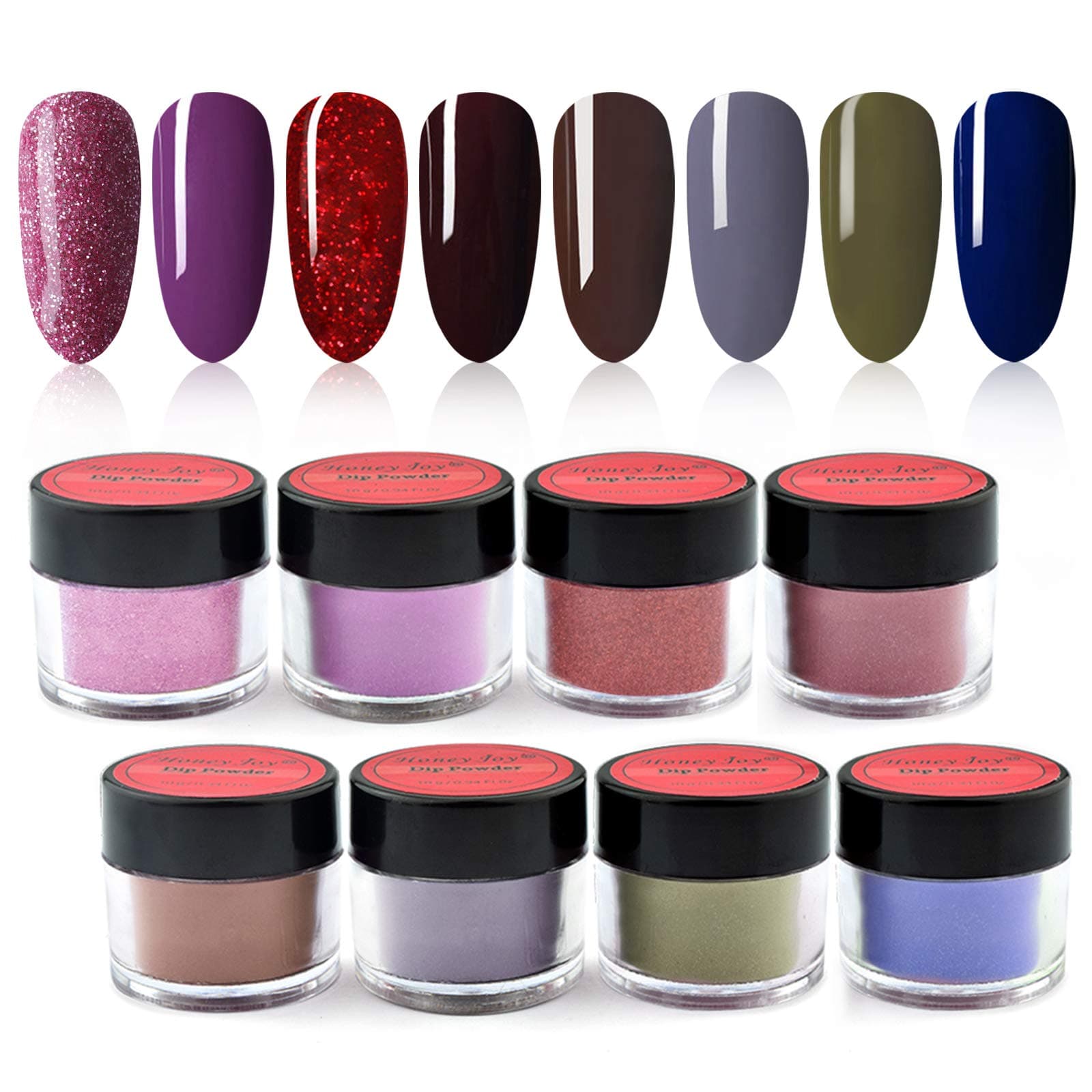 8 box/set Honey Joy Fine Dipping Powder Dip Kit Powder Nail Color System, Dark Red Purple Grey, Like Gel Polish Effect,Even & Smooth Finishing (29-55-18-117-68-84-45-67-10g/box)