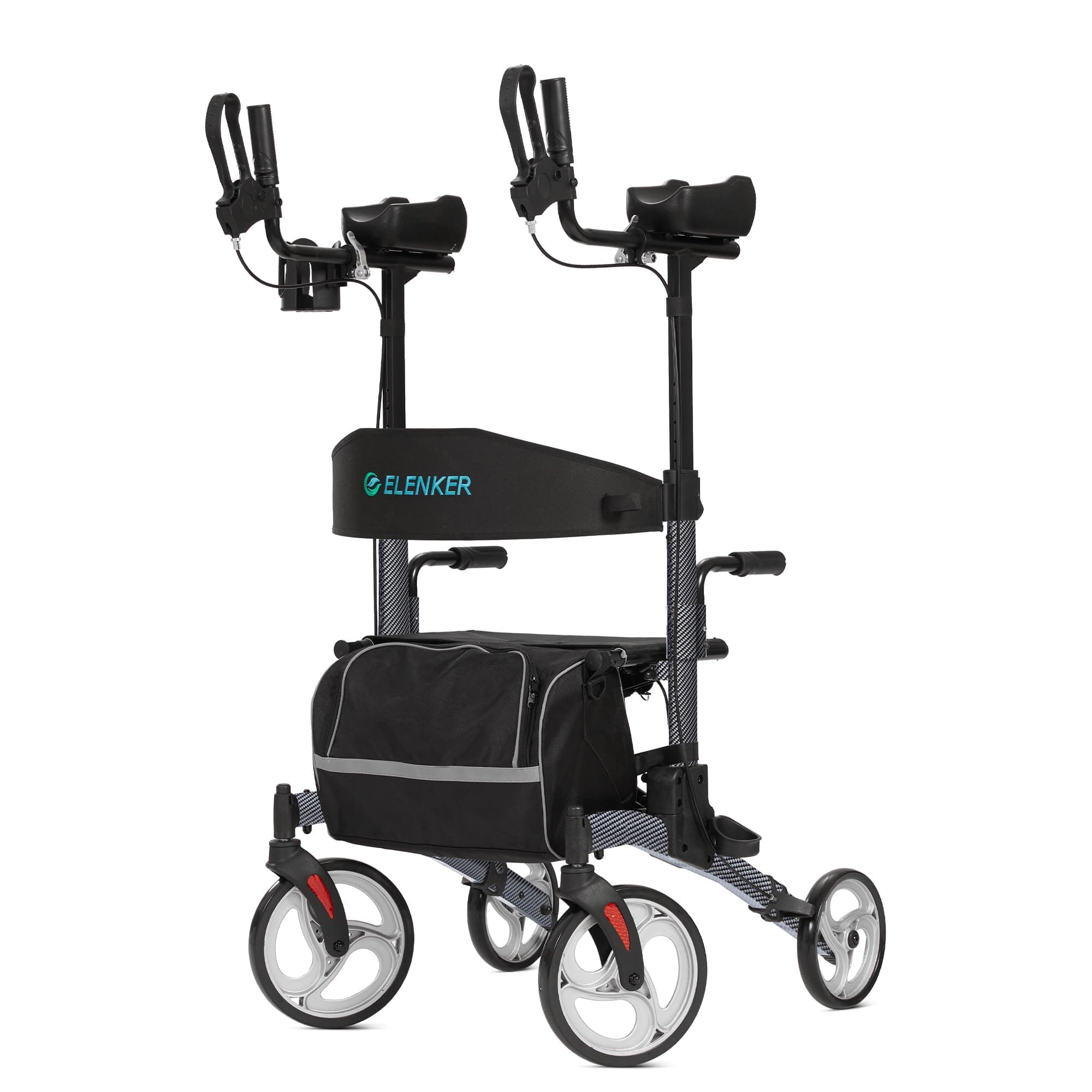 ELENKER Upright Walker, Stand Up Folding Rollator Walker with 10” Front Wheels, Padded Armrests, Seat and Backrest for Seniors and Adults, Color: Carbon Fiber Black