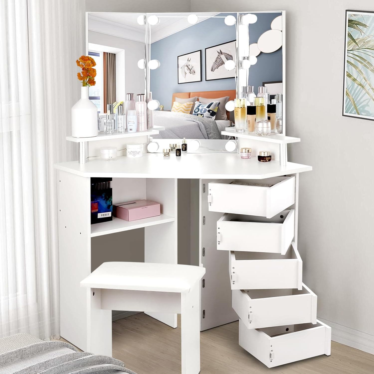 SMOOL Vanity with Lights - Makeup Vanity Desk with 3 Color Lighting Modes Adjustable Brightness, Vanity Table with 5 Rotating Drawers, Shelves and 10 Light Bulbs, Makeup Desk for Women Girls, White