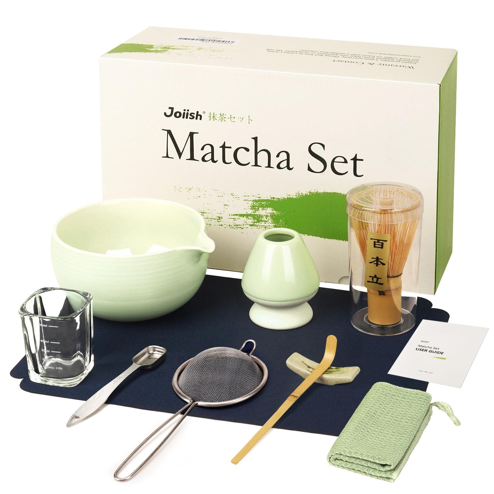 Matcha Whisk Set, Matcha Kit 10-Pcs, Bamboo Whisk and Ceramic Bowl with Spout & Measuring Spoon & Cup, Japanese Ceremony Matcha Tea Powder Making Tools, Light Green