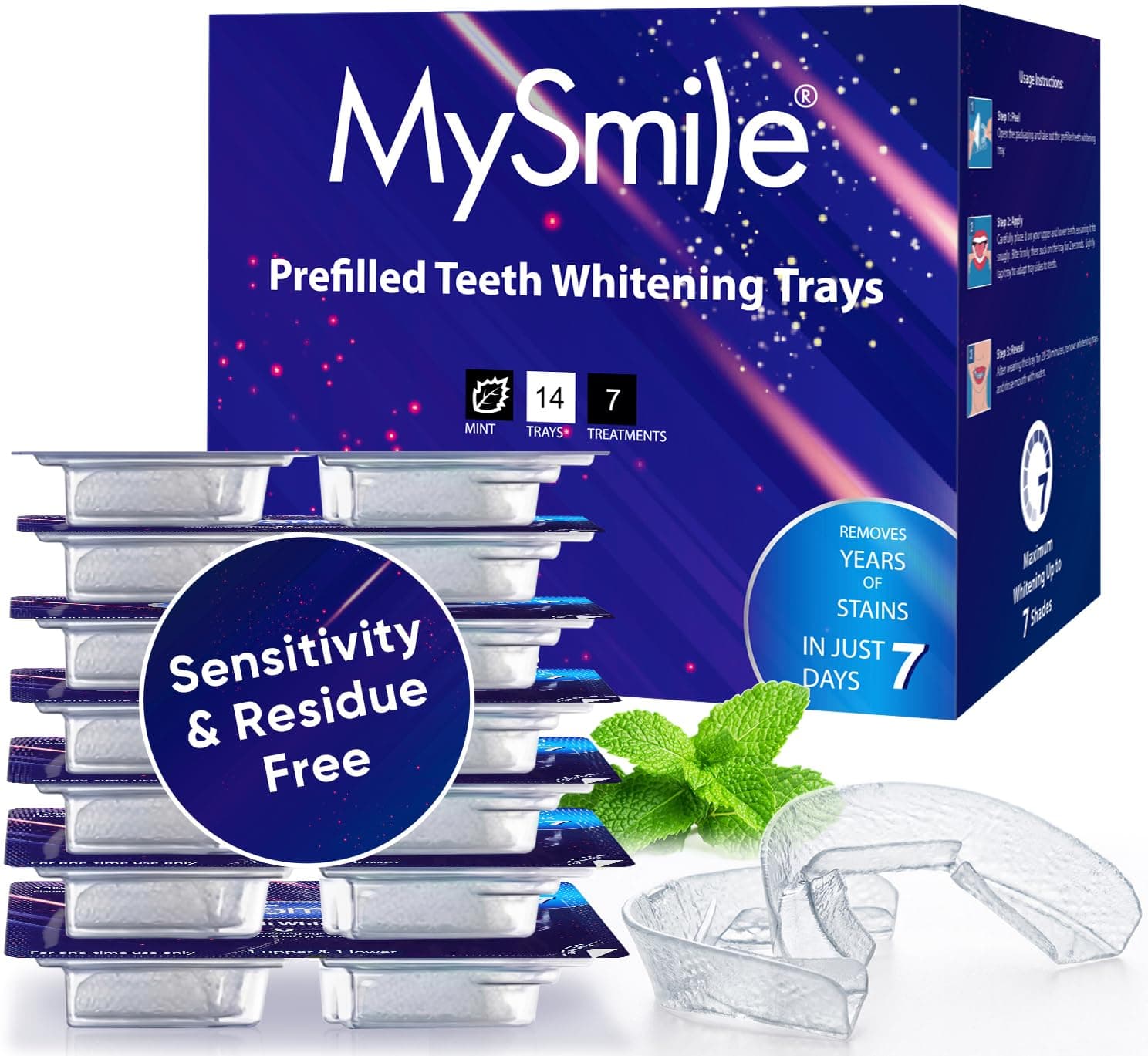 7 Treatments Prefilled Teeth Whitening Trays Kit with 12% Hydrogen Peroxide Whiter Gel for Sensitive Tooth, Fast-Result Vegan Teeth Whitener U-Wraps Tooth Stain Remover, Mint Flavor