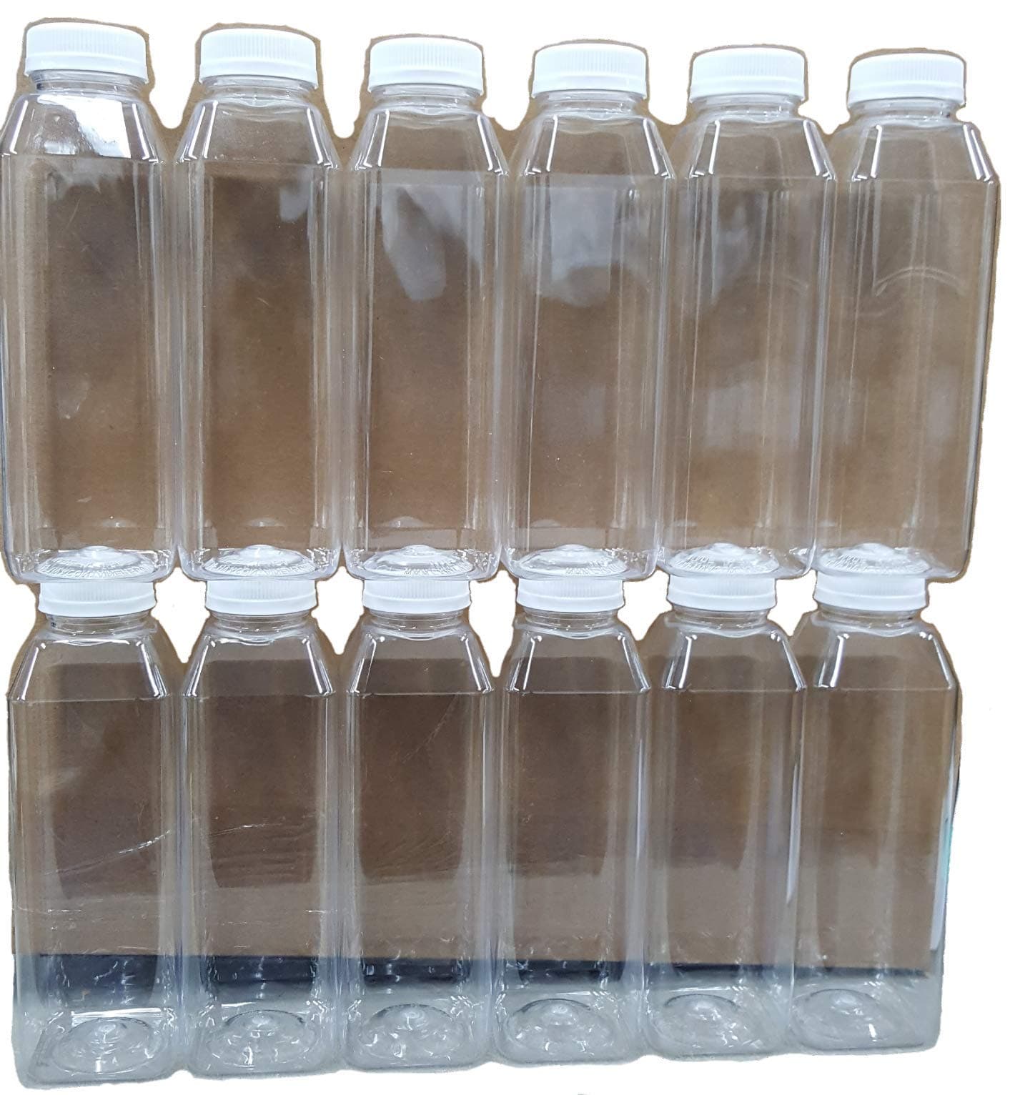 12 Pack of 16 Oz Plastic Bottles, Clear PET Square Beverage Bottles w/White Tamper Evident Caps