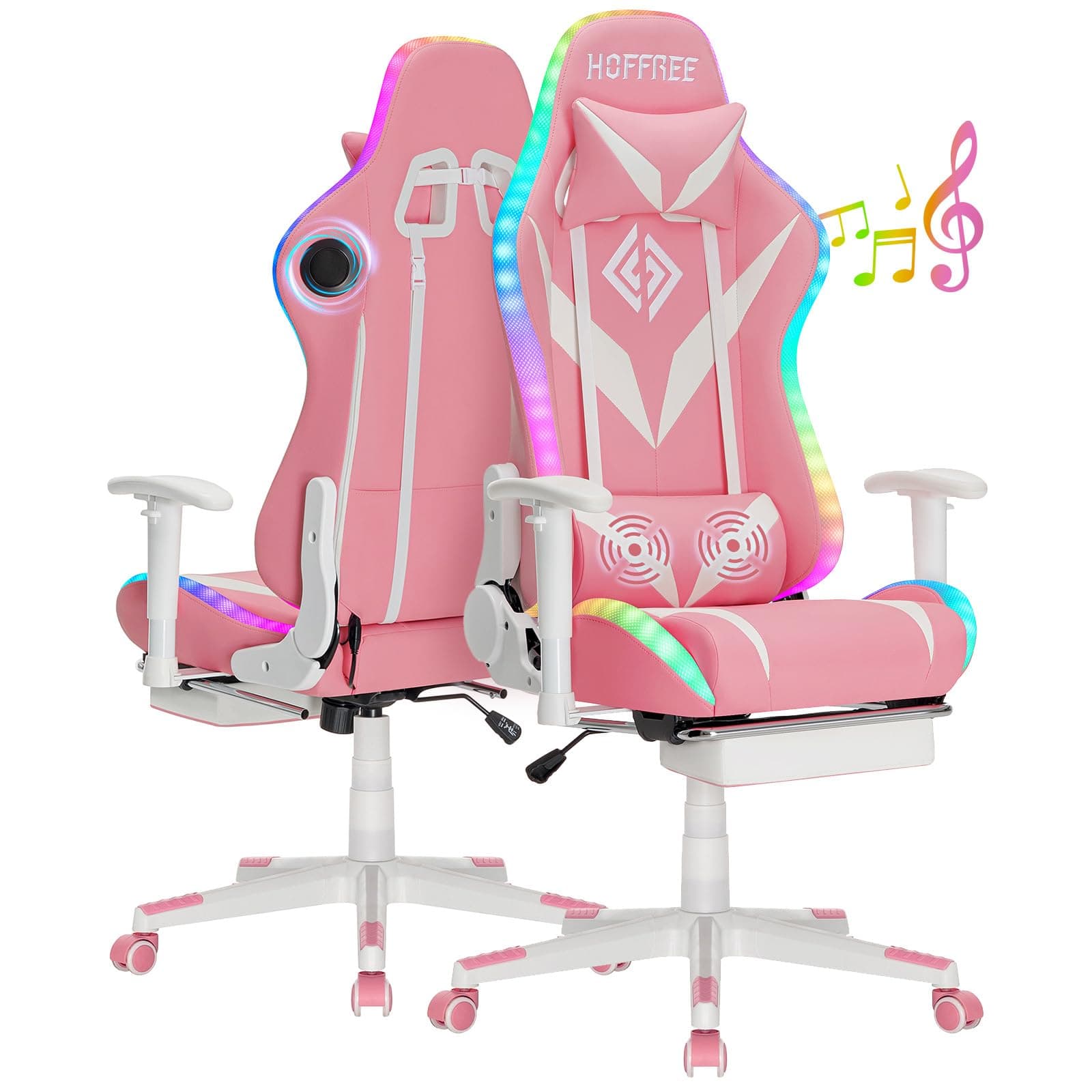 HOFFREE Gaming Chair with Bluetooth Speakers and Led Lights Massage Video Game Chair with Footrest Reclining High Back Computer Gamer Chair for Girls Pink and White