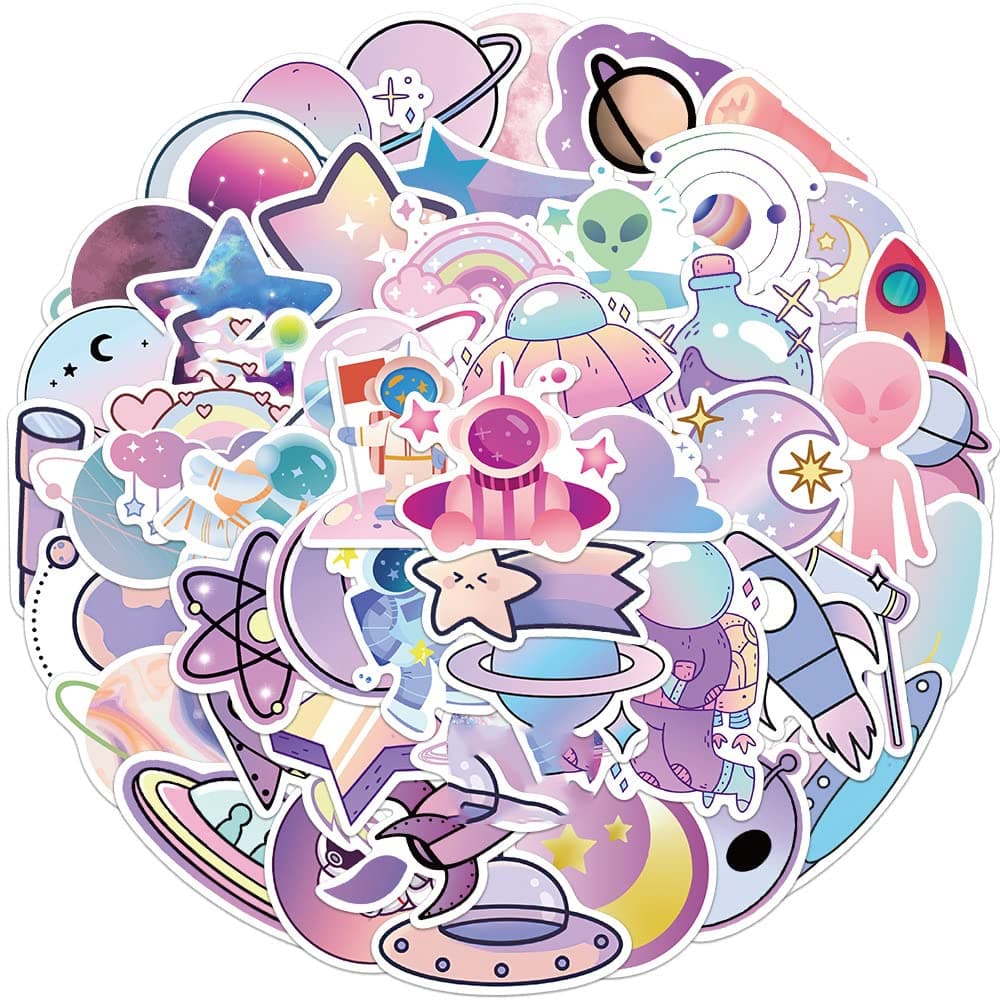 50 Packs Gradient Planet Stickers Water Bottles Laptop Phone Computer Guitar Skateboard Hydroflasks Space Explorer Vinyl Sticker Waterproof Aesthetic Trendy Decals for Kids Teens Girls Adults