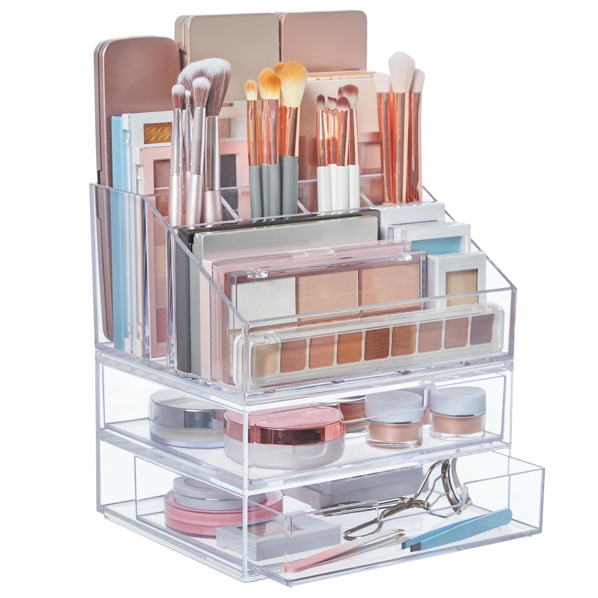 Chloe Stackable Makeup Holder & Drawer Organizer Set, Clear, BPA-Free Plastic, Made in USA, Organize Brushes, Cosmetics & Beauty Essentials