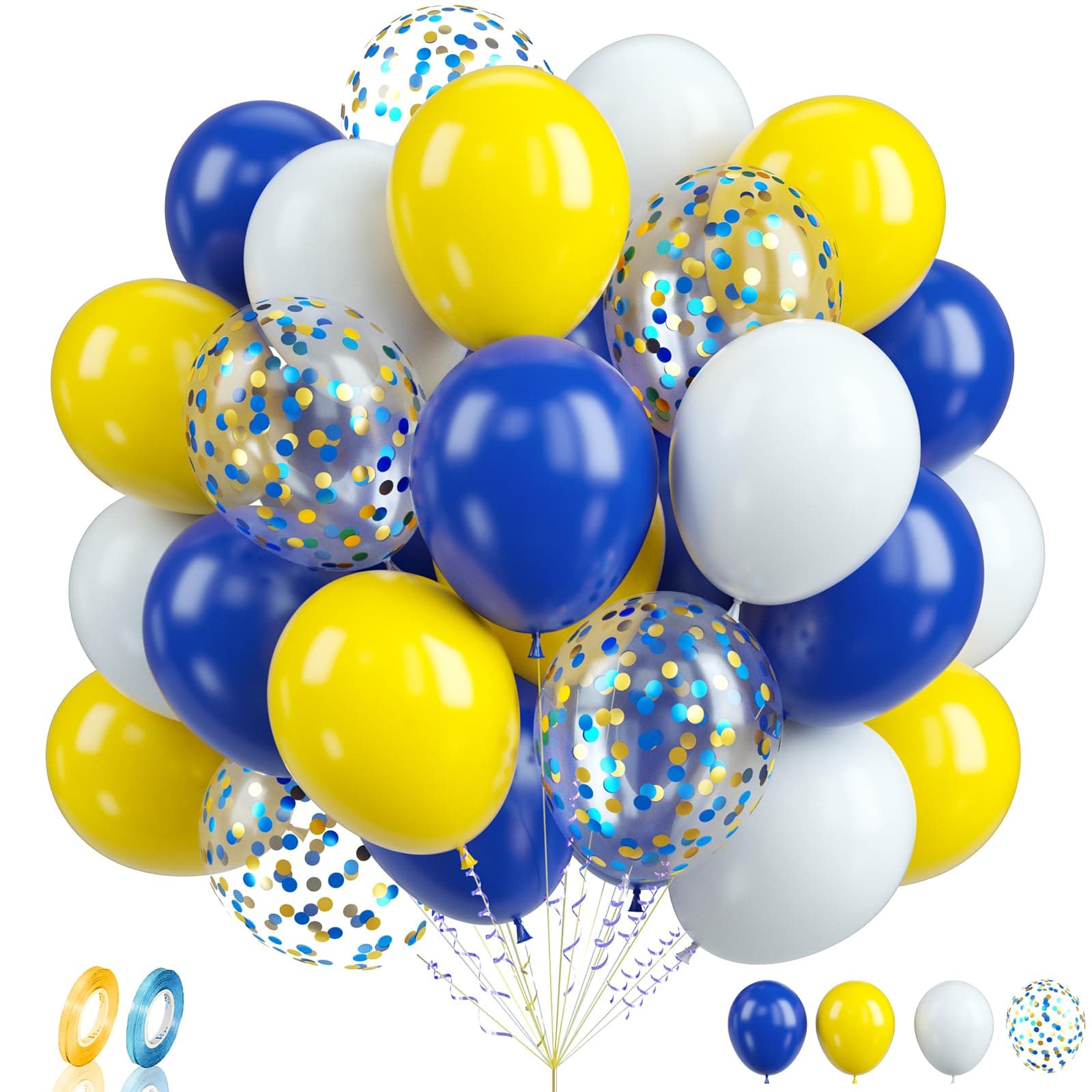 Biapian 60PCS Blue and Yellow Balloons - 12Inch Royal Blue Yellow White Confetti Balloons, Helium for Birthday, Wedding, Graduation, Soccer Party DecorationClimeCo CertifiedCarbonfree Certified