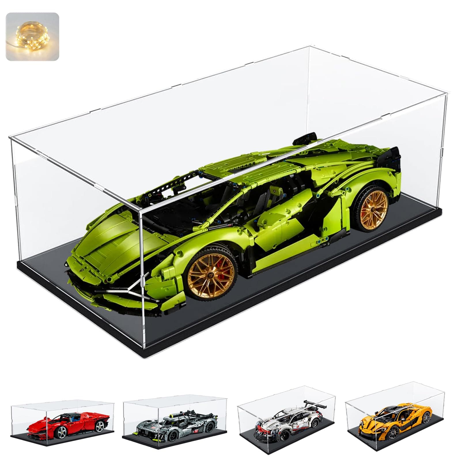 Thickened Clear Acrylic Display Case with Wood-Plastic Base for Lego 42096 Porsche 911 for 42172 McLaren P1 42143 42156 42115 Model Car Transparent Box Large Organizer, Black Inside 23.6X11.8X7.9inch.