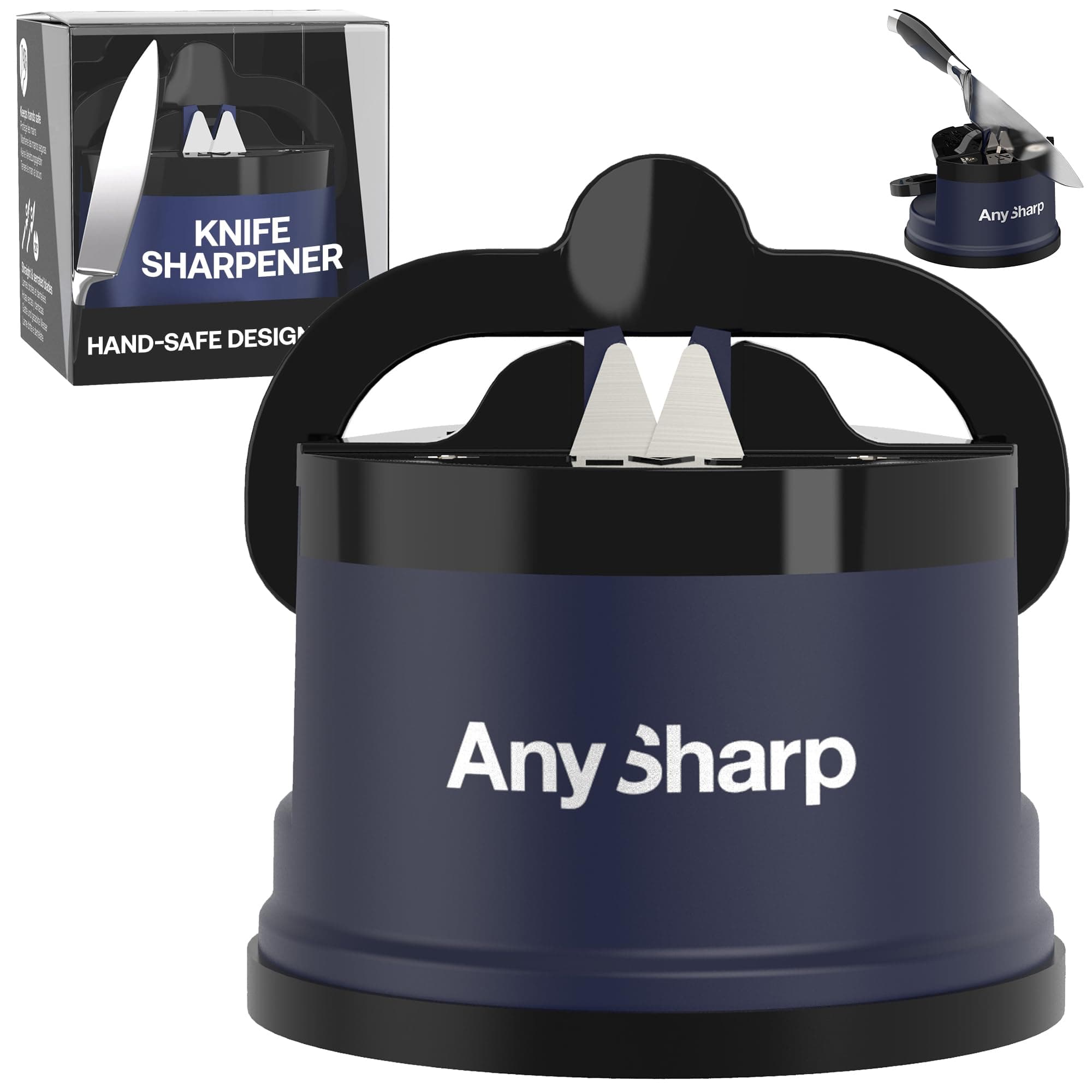 AnySharp – Editions – Hands Free Knife Sharpener - Easy to Use Sharpening Tool with PowerGrip Suction Base and 20-Degree Pre-Set Angle - for All Knives: Chef's, Serrated, and Hardened Steel - Navy