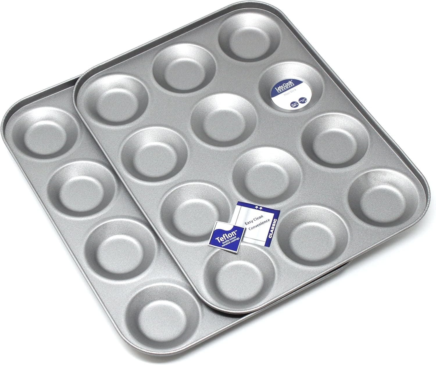 12 Hole Mince Pie/Bun Tin Twin Pack, Set of Two, for Buns, Fairy Cakes, Tarts and Mince Pies, British Made with Teflon Non Stick by Lets Cook Cookware