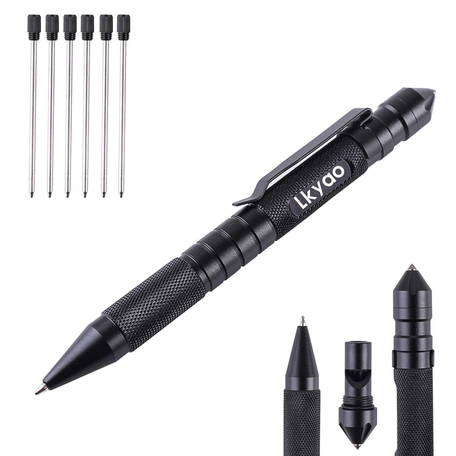 Lkyao professional tactical pen for Self-Defence with 4 ink refills+Emergency whistle,Glass breaker,ballpoint pens Writing Multifunctional Survival Tool-Black color