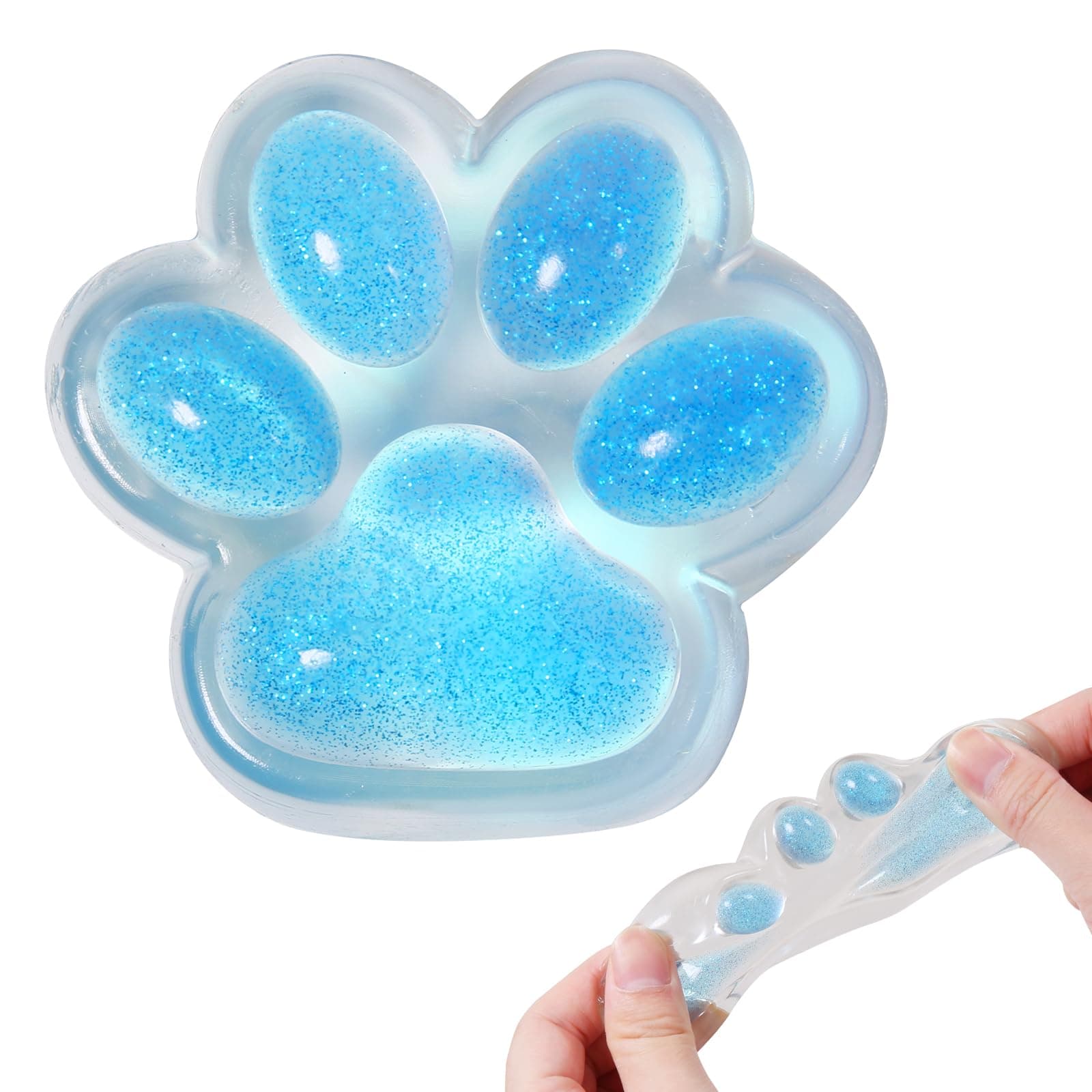 1pcs Blue Squishy Cat Paw Squeeze Toys, Ice Through Sparkling Powder Kawaii Sticky Squishies PVC Toys, Stress Relieving Fur Ball OPP Packaging Gifts for Kids Teenage (1pcs Blue)