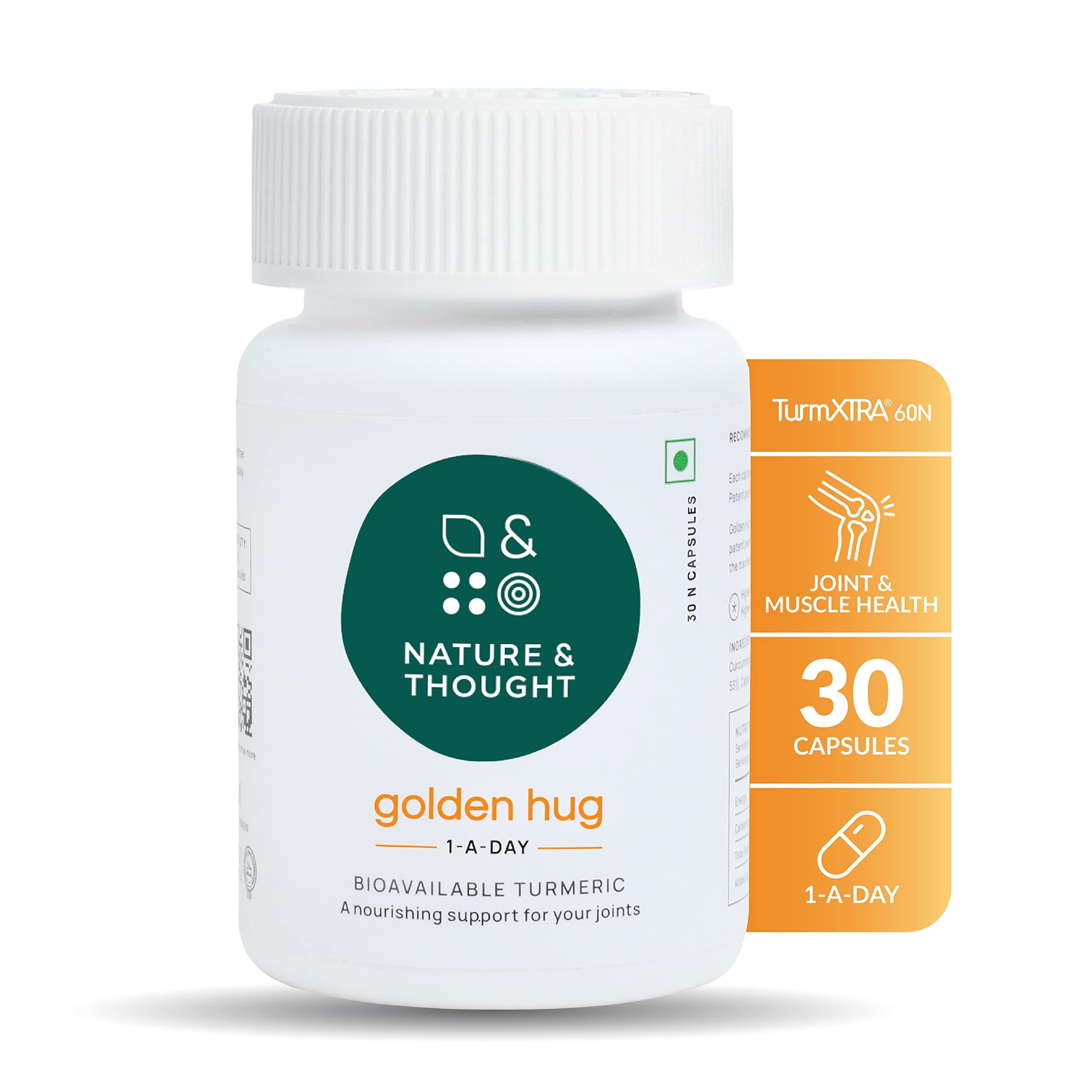 Nature & Thought Curcumin Capsules Turmeric Joint Support Supplement with TurmXTRA, Antioxidant, Boosts Immunity, Clinically Tested, High Bioavailability w/o Piperine Veg Golden Hug 1 A DAY dose (30)