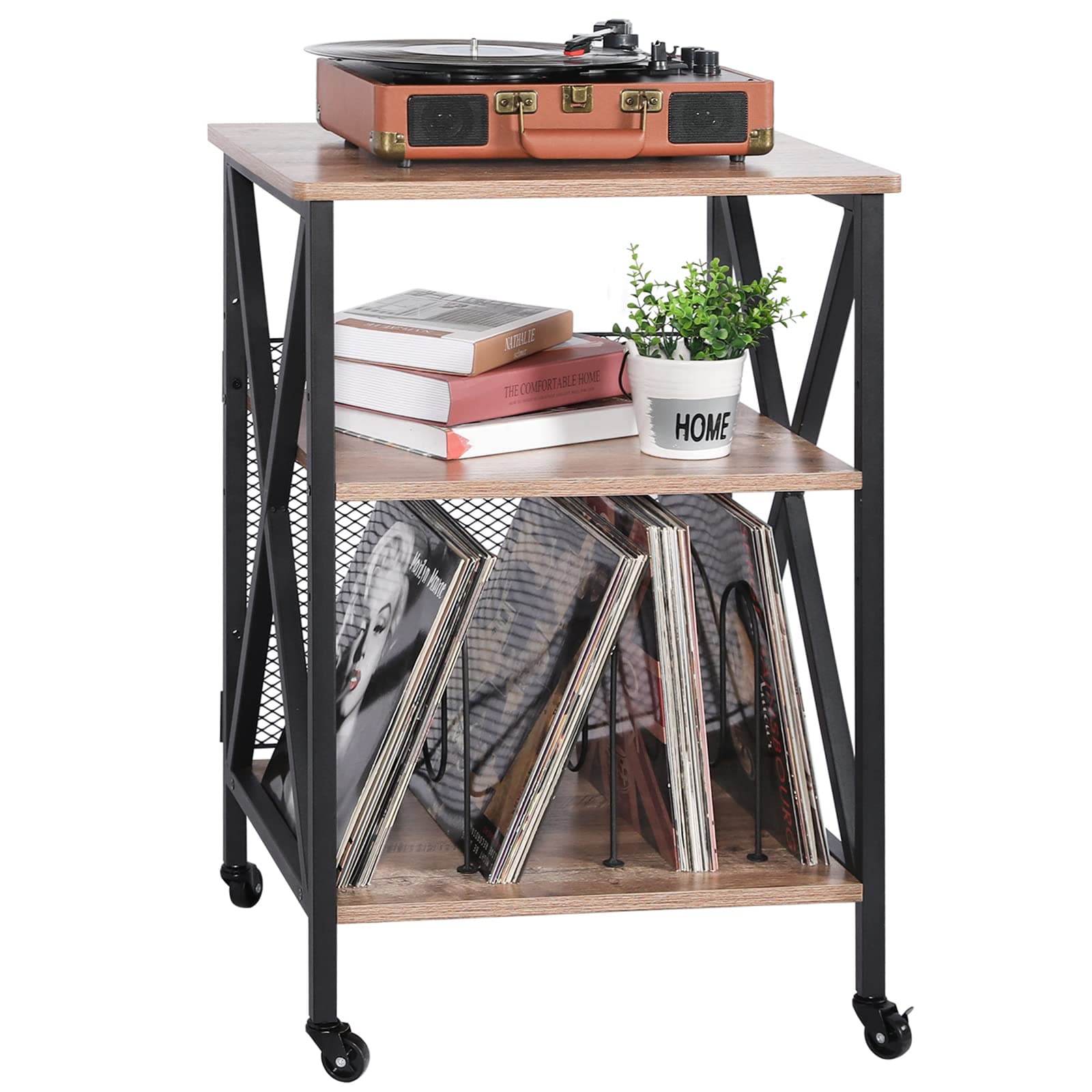 Record Player Stand With Vinyl Storage 3 Tier Rolling Vinyl Record Storage With 3 Adjustable Divinder Record Player Table Turntable Stand Shelf With Wheels Record Holder For Albums