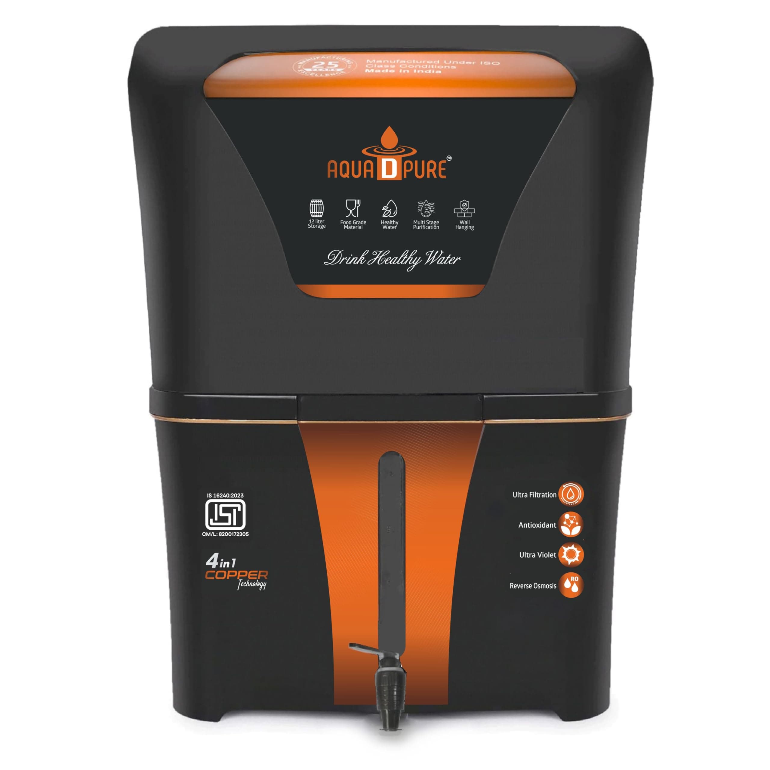 AQUA D PURE 4 in 1 Copper RO Water Purifier with 10 Stage Purification Filtration, UV, UF, TDS Adjuster and 12 Liter Large Storage Tank, Suitable for all type of water supply.