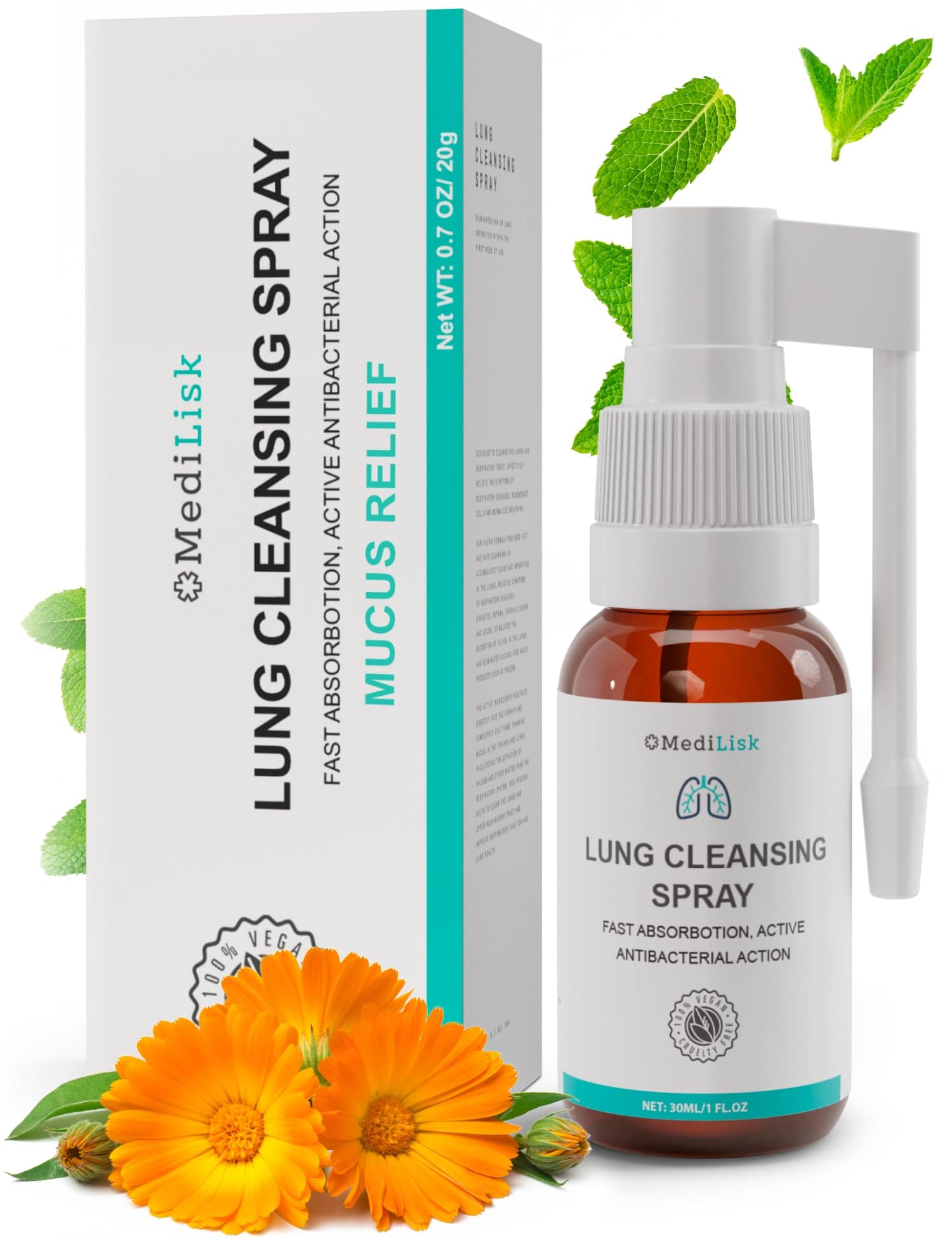 MediLisk Lung Cleansing Spray – Respiratory Support, Mucus Relief and Lung Cleanse – Support for Lung Detox for Smokers – Herbal Extract Formula – Hypoallergenic, Non-Steroidal – 1 oz – Pack of 1