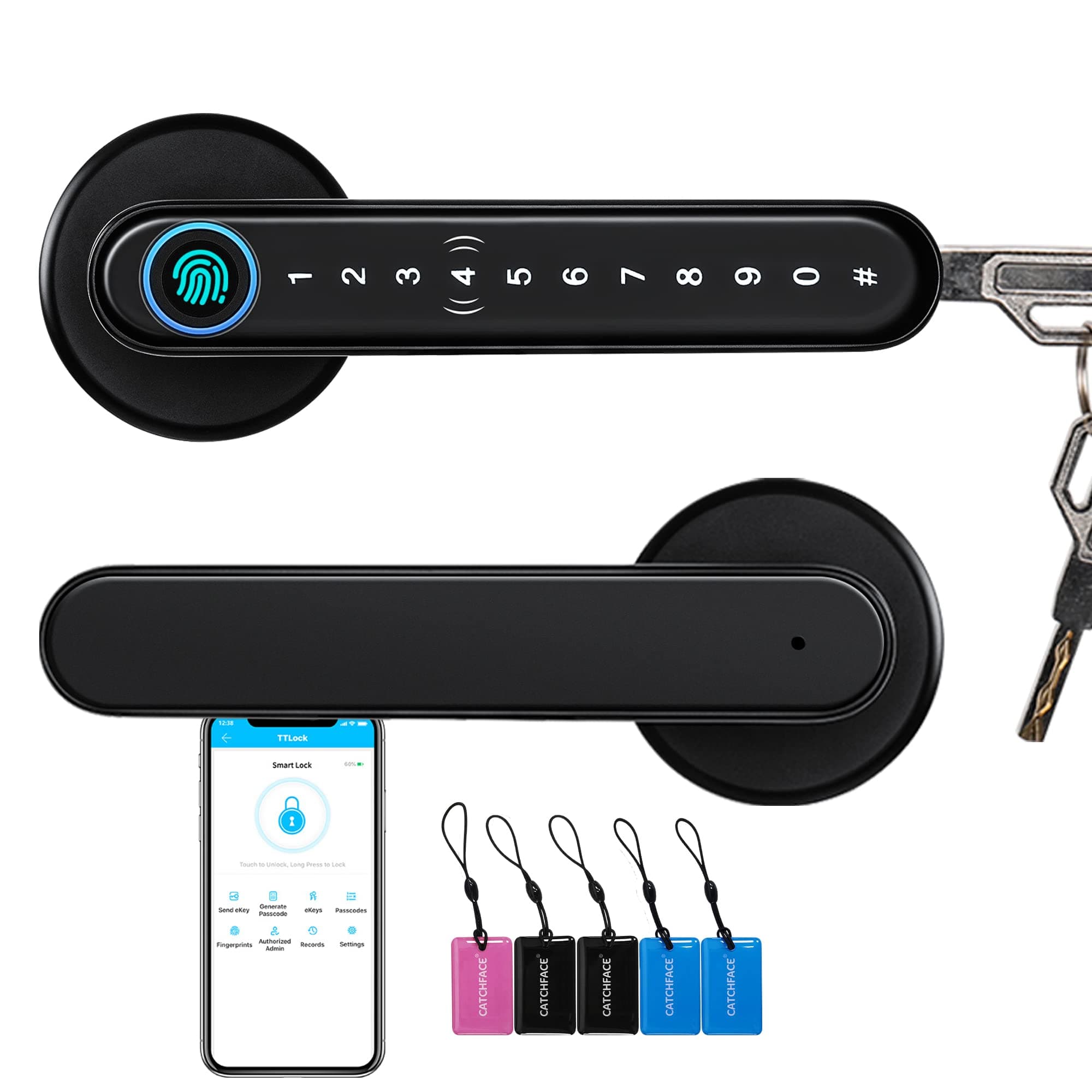 CATCHFACE Smart Fingerprint Lock - WiFi Enabled, Biometric Door Lock with Free App, Share Ekey and IC Card (Matte Black)