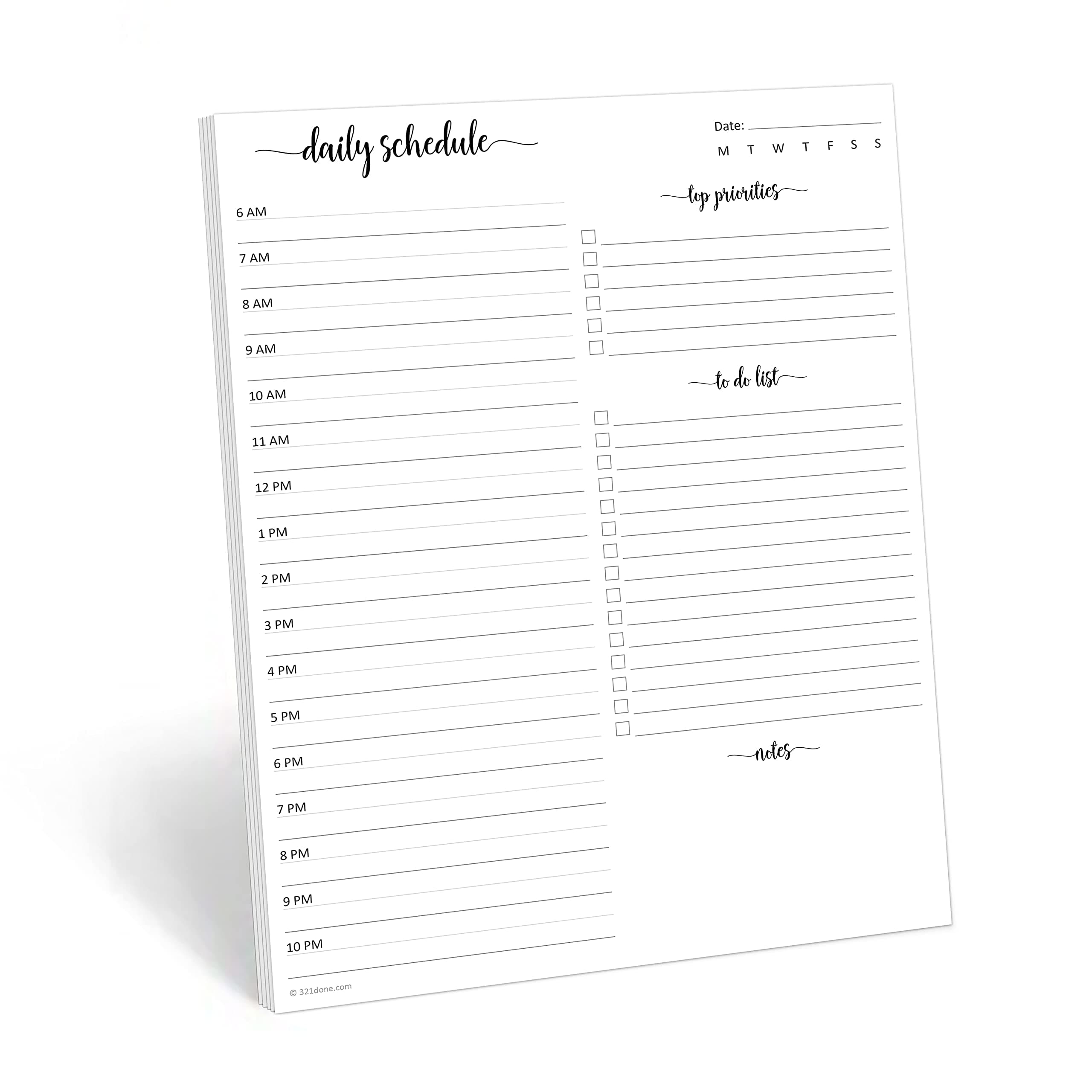 321Done Daily Schedule Planning Notepad - 50 Sheets (8.5x11) – Hourly Day Today To Do Checklist - Appointment Task Priority Planner - Tear-Off Note Pad for Home, Office, School - Made in USA