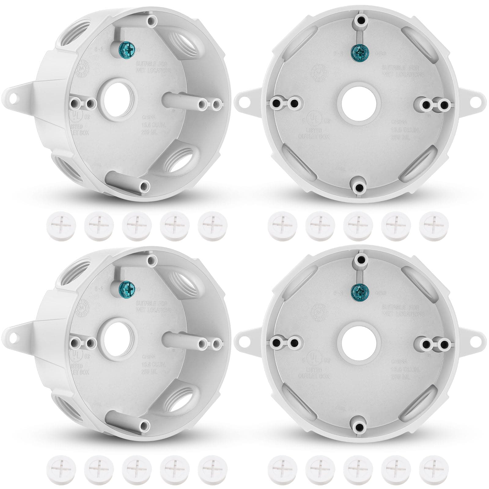 Juexica 4 Pcs 4 Inch Round Electrical Box 1/2 Inch 5 Holes Weatherproof Outlet Junction Ceiling Fan Box for Outdoor Lighting Systems, UL Listed(White)