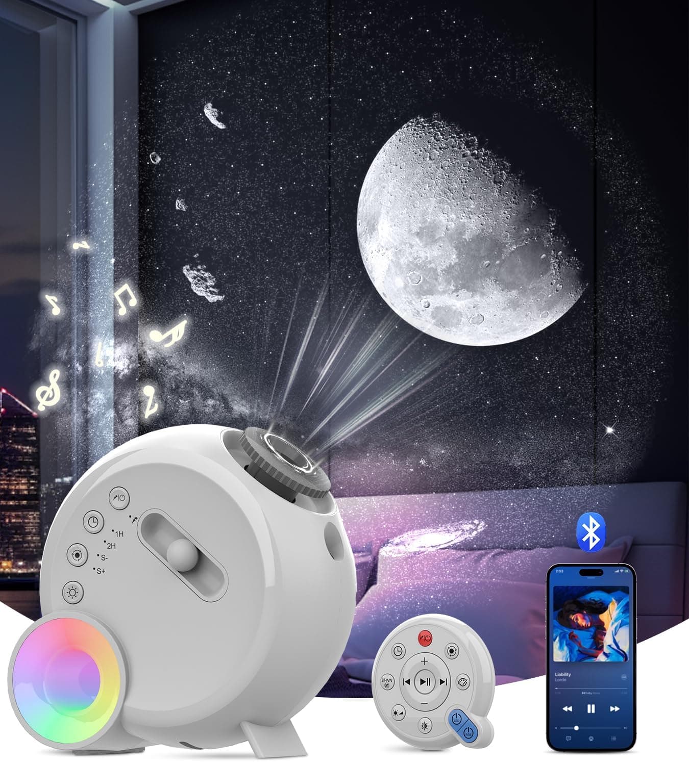 Galaxy Projector for Bedroom,4K Image Planetarium Projector Adjustable Knob,13 in 1 Kids Night Light Projector with Built-in Speaker & White Noise,360° Rotating with Remote Timer (White)