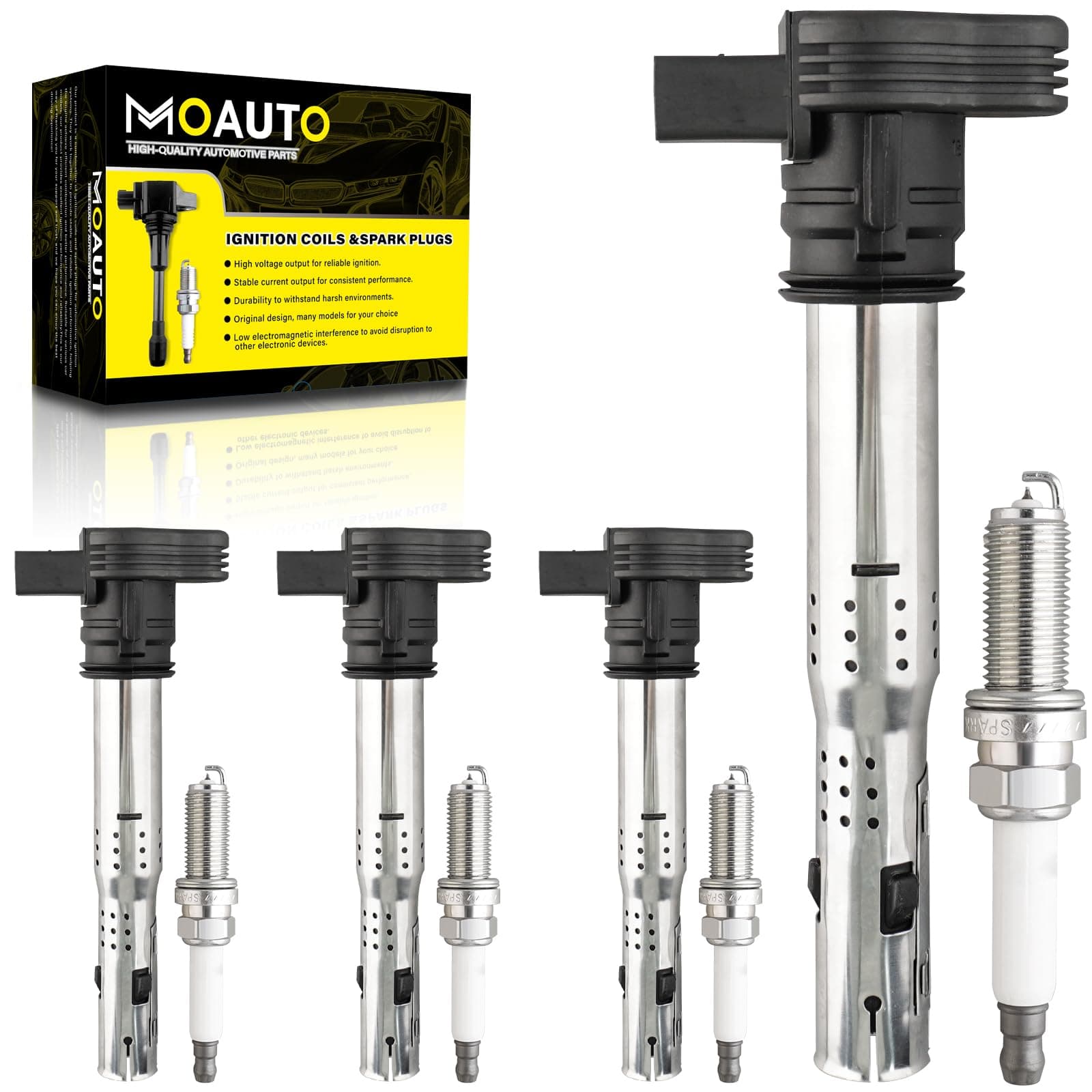 Set of 4 Ignition Coils Pack UF575 & 4 PCS Iridium Spark Plugs Compatible with Audi A3 A4 ALLROAD A5 A6 Q3 Q5 TT TTS Quattro Volkswagen Jetta Tiguan Eos Golf GTI Passat CC 2.0L 4.2L