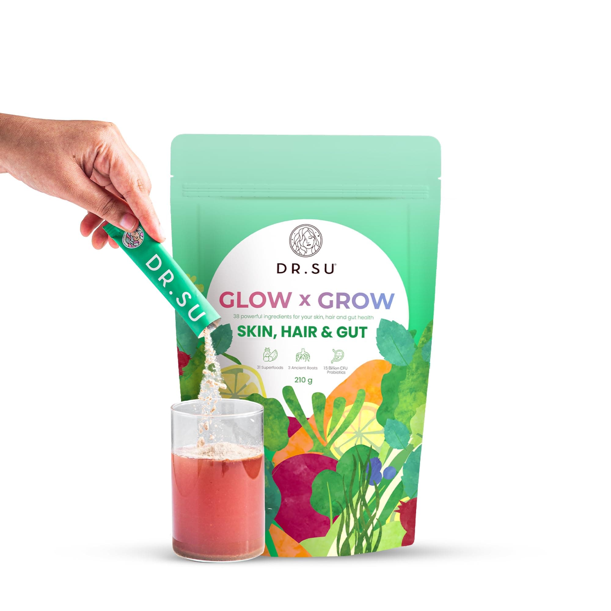 6-In-1 Supplement Powder | Strong Hair, Clear Skin & Healthy Gut | With Biotin, Vitamins, Minerals, Antioxidants, Probiotics, Fiber & Adaptogens | Lemon Mint | Sugar-Free | 30 Sachets | Unisex