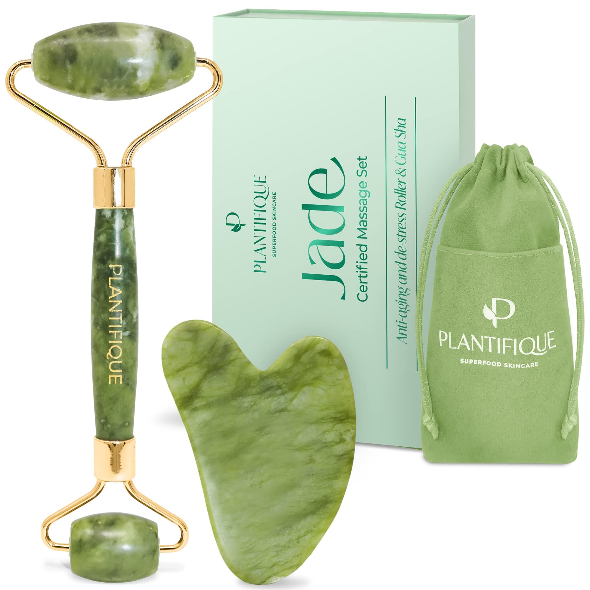 Jade Roller & Gua Sha Set – Real Jade Facial Tools for Skin Care Routine – Certified Face Massager for Radiant Skin