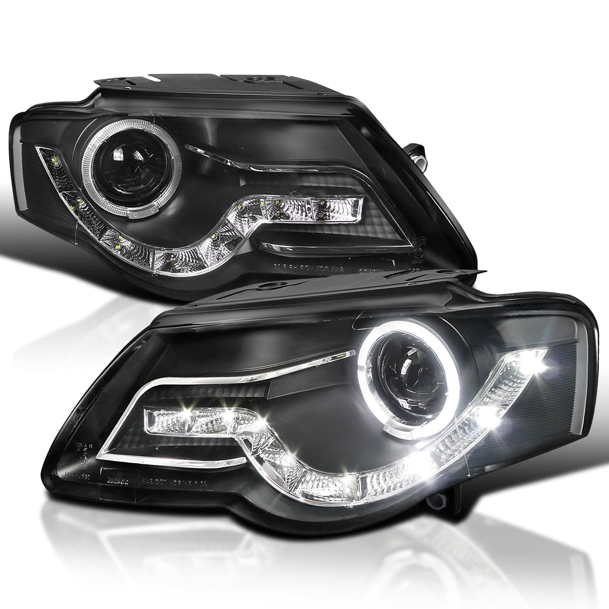 SPEC-D TUNING Black Halo Projector Headlights + R8 Sty LED Lamps Compatible with 2006-2010 Volkswagen Passat, Left + Right Pair Headlamps Assembly