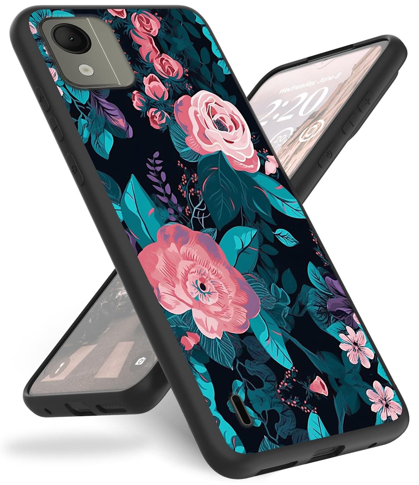 Case for Nokia C110 N156DL,for Nokia C110 Phone Case,Slim Anti-Scratch Shockproof Durable Black Silicone Protective Cover Case for Nokia C110 6.3" 2023,Pink Flowers