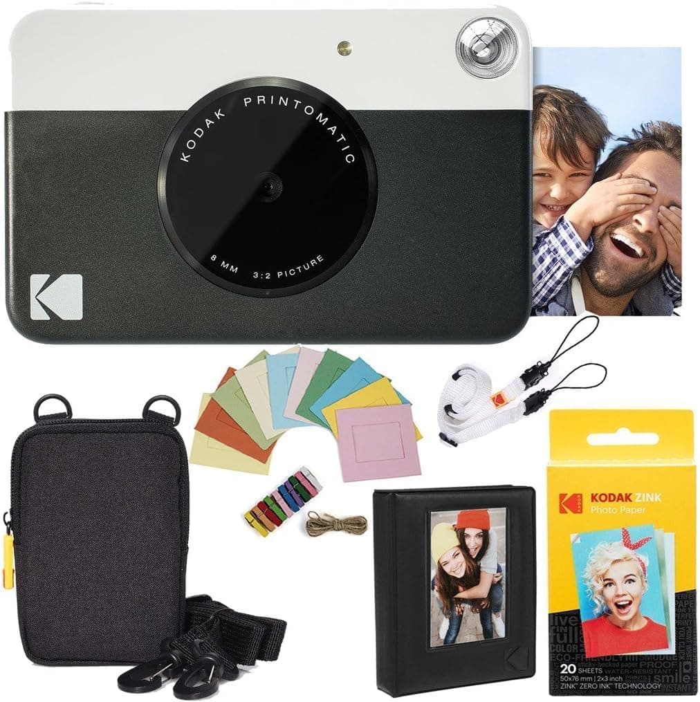 Kodak Printomatic Instant Camera (Black) Deluxe Bundle + Zink Paper (20 Sheets) + Deluxe Case + Photo Album + Hanging Frames + Comfortable Neck Strap