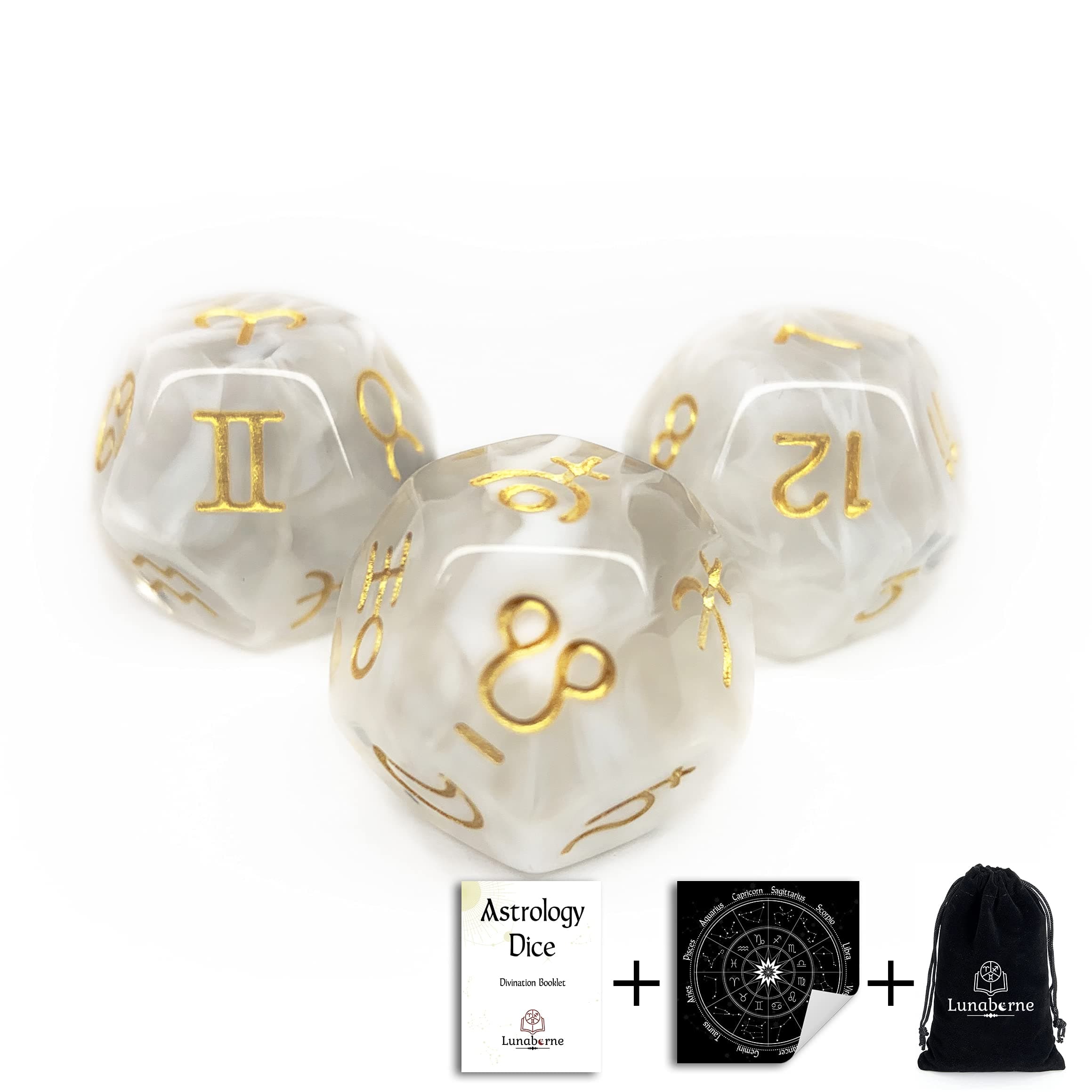 Lunaborne Astrological Divination Dice - Includes Instruction Booklet, Divination Cloth, & Velvet Drawstring Bag