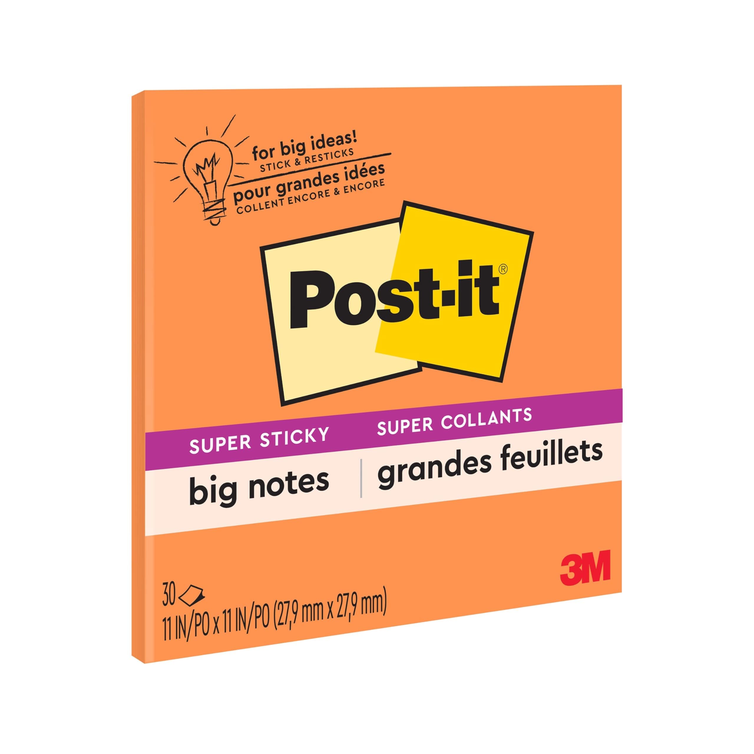 Super Sticky Big Notes, 11 in. x 11 in., Extra Large Sticky Notes Neon Orange, 1 Pad, 30 Sheets, Great for Vision Boards, Creative Projects, Study Spaces, Group Brainstorming, and More