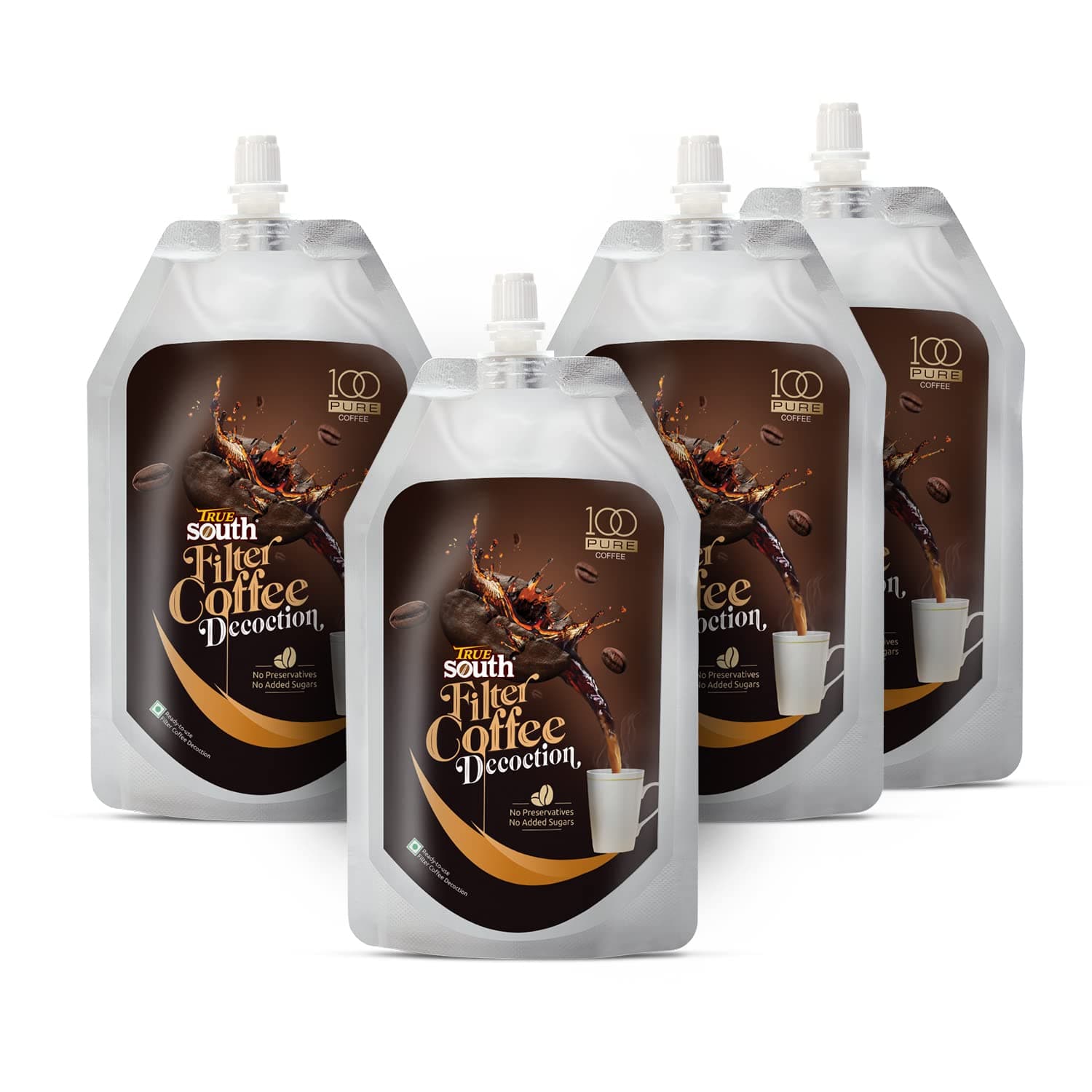 TrueSouth 100-Pure | Ready-to-use Filter Coffee Decoction | 200ml Pouch | Authentic Taste, Value and Convenience (Pack of 4)