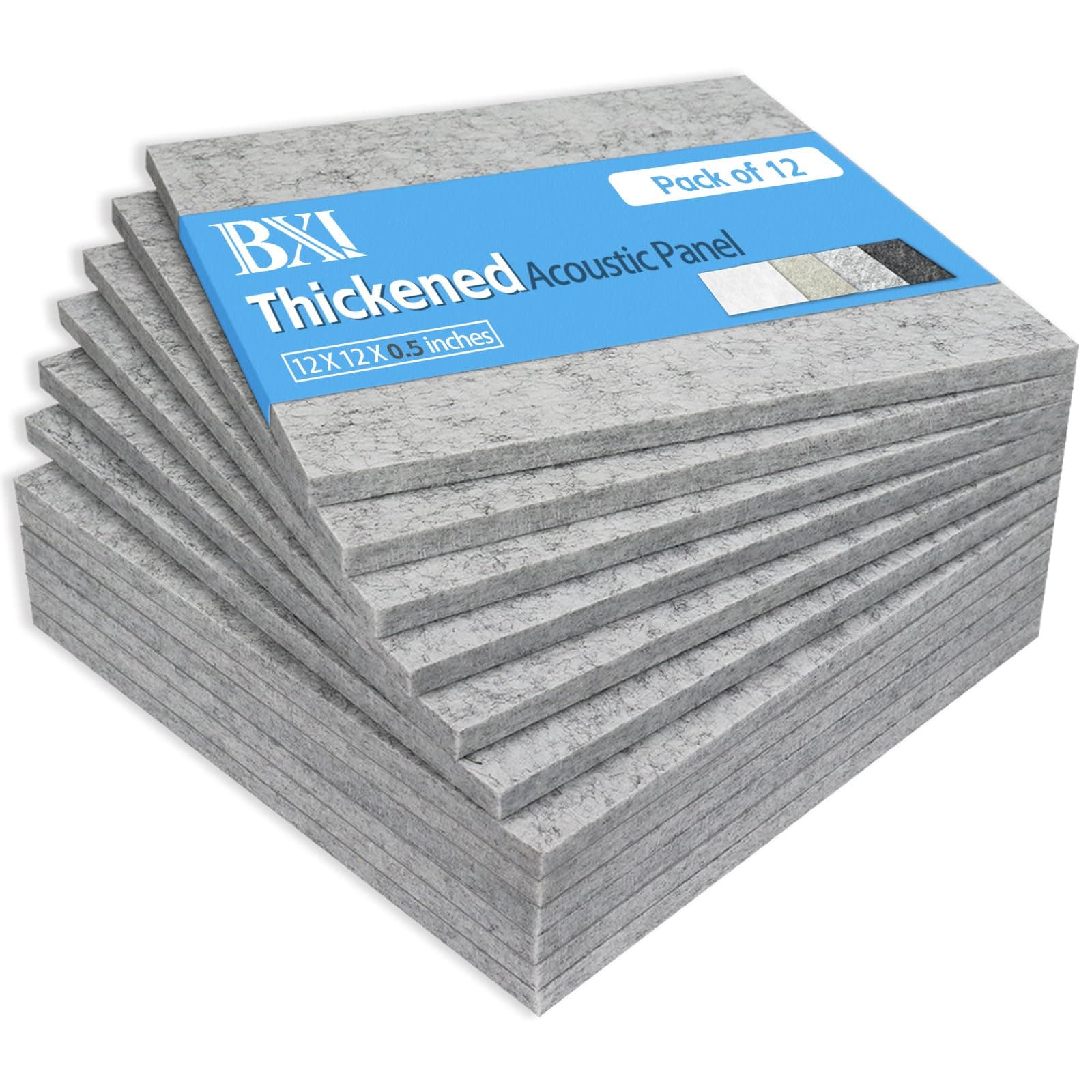 BXI Thickened Sound Absorbing Panels, 12 Pack 12'' X 12'' X 0.5'' Acoustic Studio Treatment Soundproofing Absorption Padding Wall Tiles (Silver Gray)