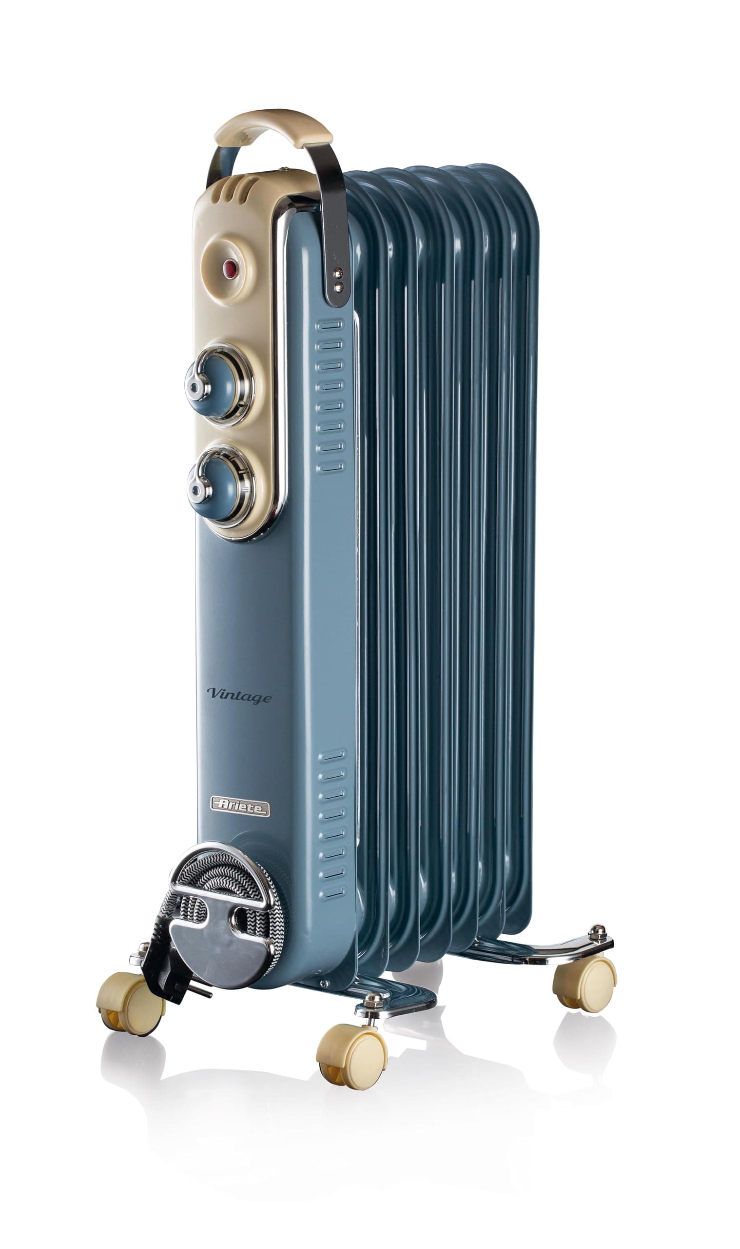 Vintage Oil Radiator with 7 Heating Elements, Adjustable Temp at 3 Power Levels 600W, 900W, 1500W, Swivel Wheels, Fast Room Heater Ideal for Bedroom, Home & Office - Blue ART837/05