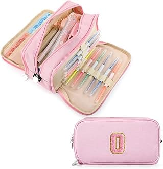 Extra Large Capacity Pencil Case 3 Compartment Initial Pencil Pouch Personalized Cute Aesthetic Stationery Pen Case Bag for School Teen Girl Boy Men Women Gift (O, Pink)