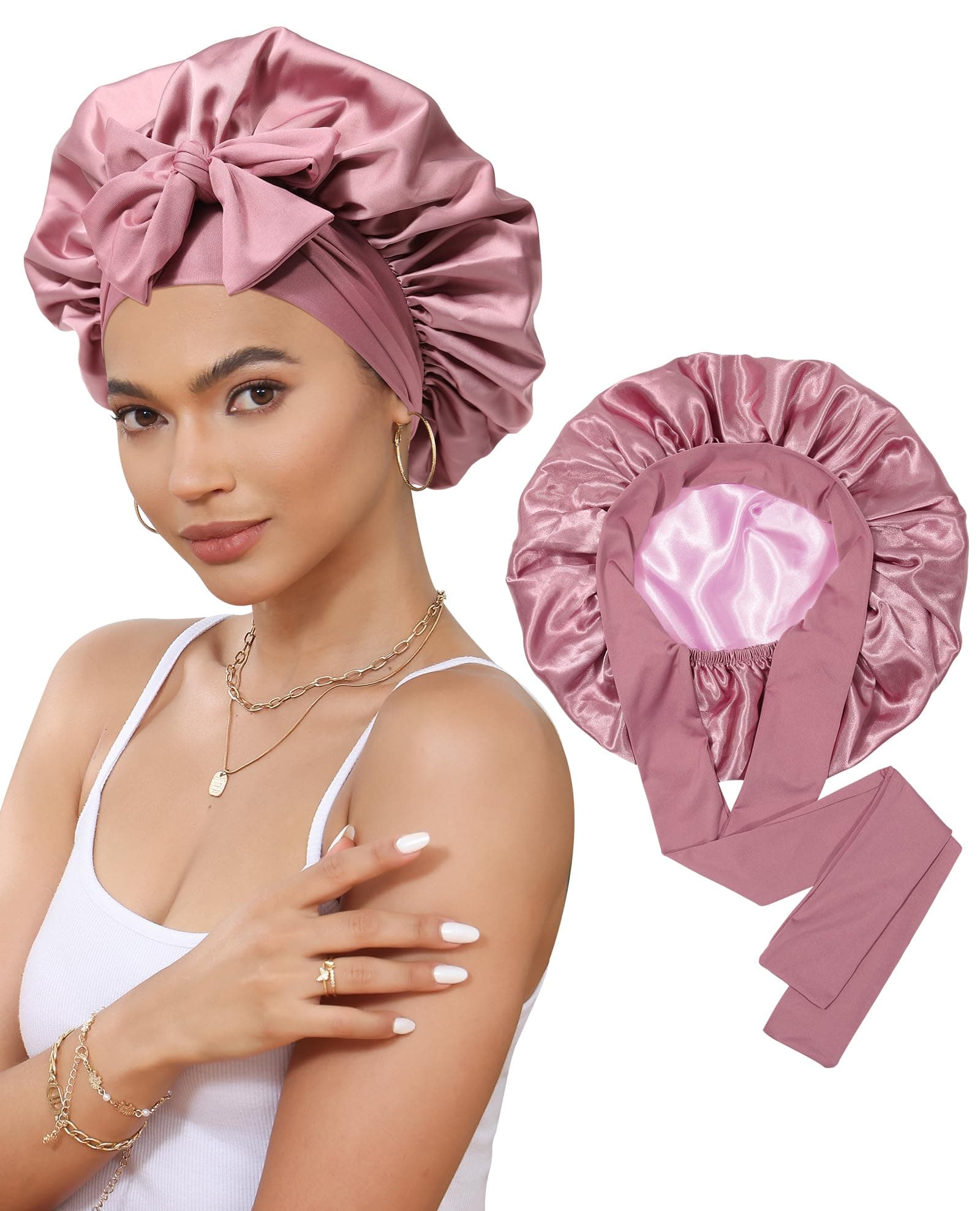 CHLINS Satin Bonnet Silk Bonnet for Sleeping Silk Sleep Cap Double Layer Hair Bonnet with Elastic Tie Band for Curly Hair Night Cap (Bean Paste + Pink)