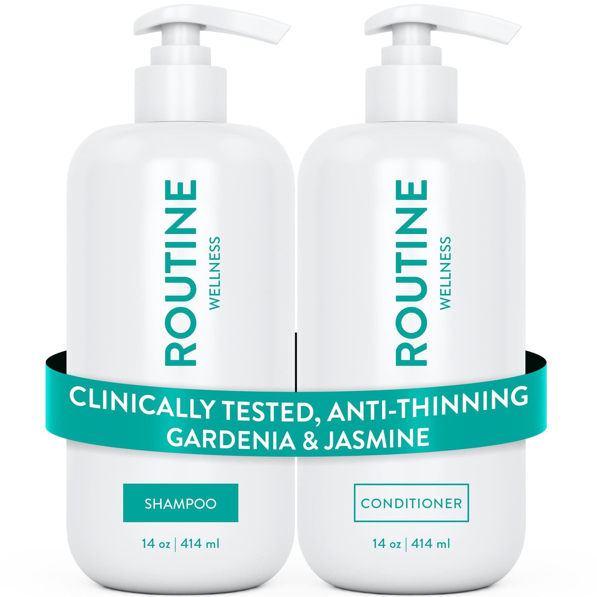 Routine Wellness Shampoo and Conditioner Set for Thinning Hair - Biotin DHT Blocker Women & Men - Color Safe Shampoo for Healthier Hair - Gardenia & Jasmine 14oz (Pack of 2)