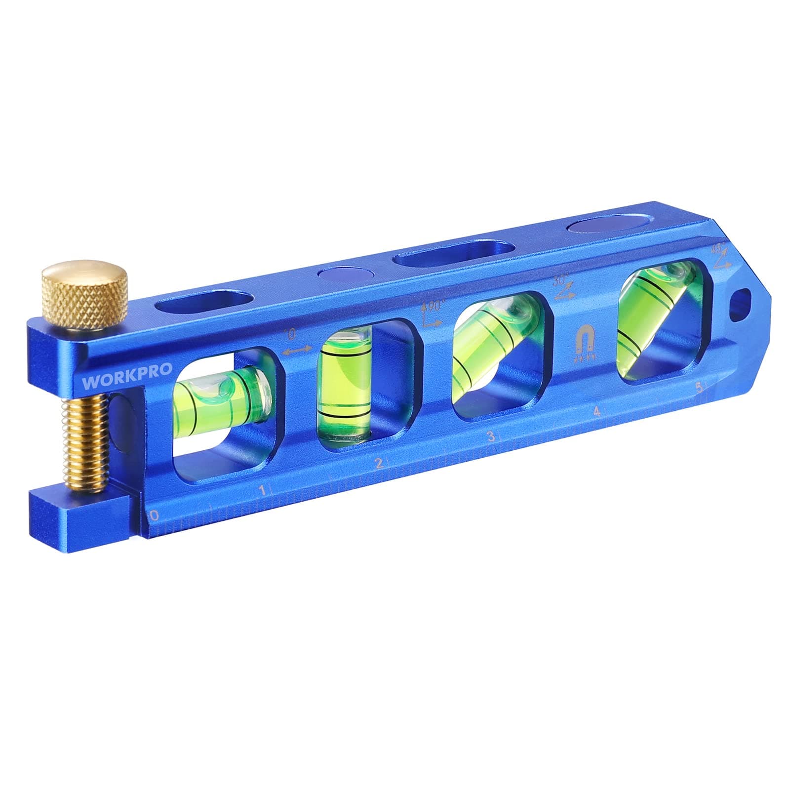 WORKPRO Magnetic Torpedo Level, Conduit Bending Level, Bubble Vials for 0°/90°/30°/45° Measurements, Aluminum Alloy Construction, 6.3-inch, Cobalt Blue