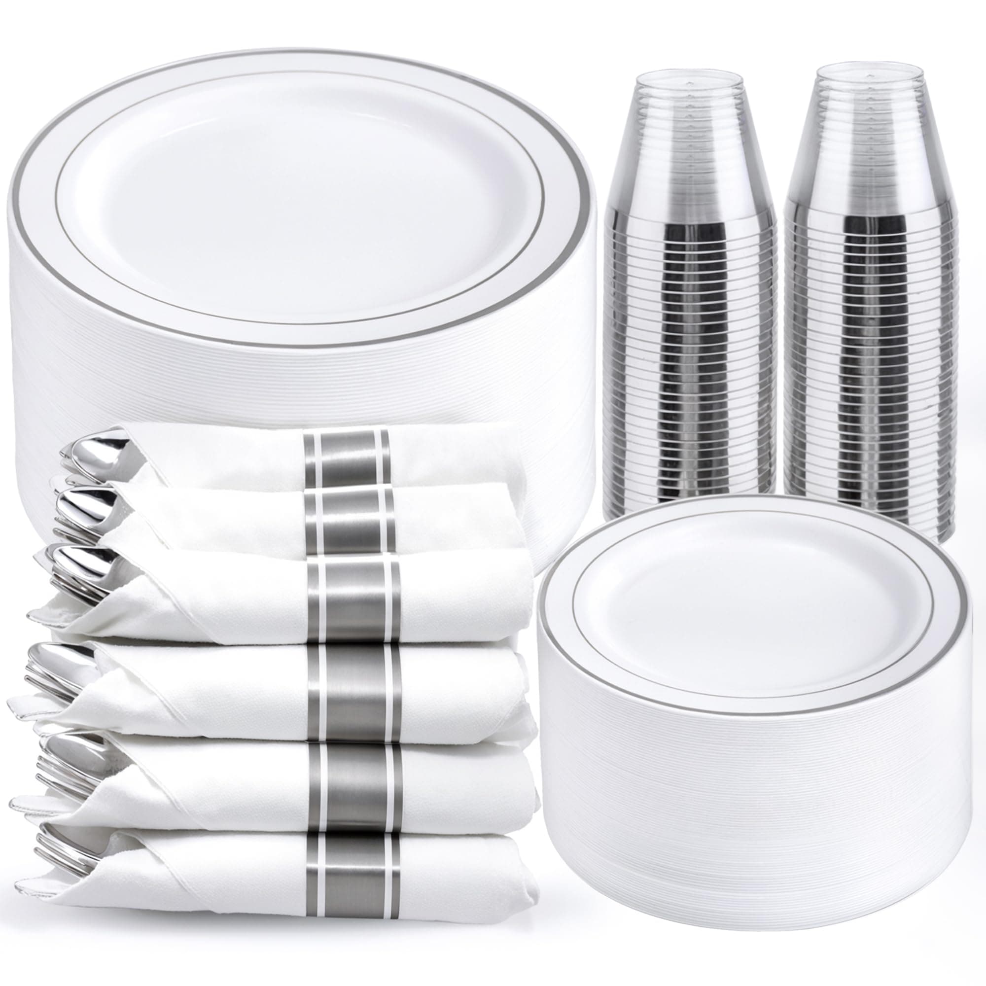 WELLIFE 350Pcs Silver Plastic Plates for 50 Guests - Disposable Dinnerware Set, Party Supplies Includes 100 Silver plates,150 Silverware,50 Napkins,50 Cups, Plastic Plates for Party and Wedding