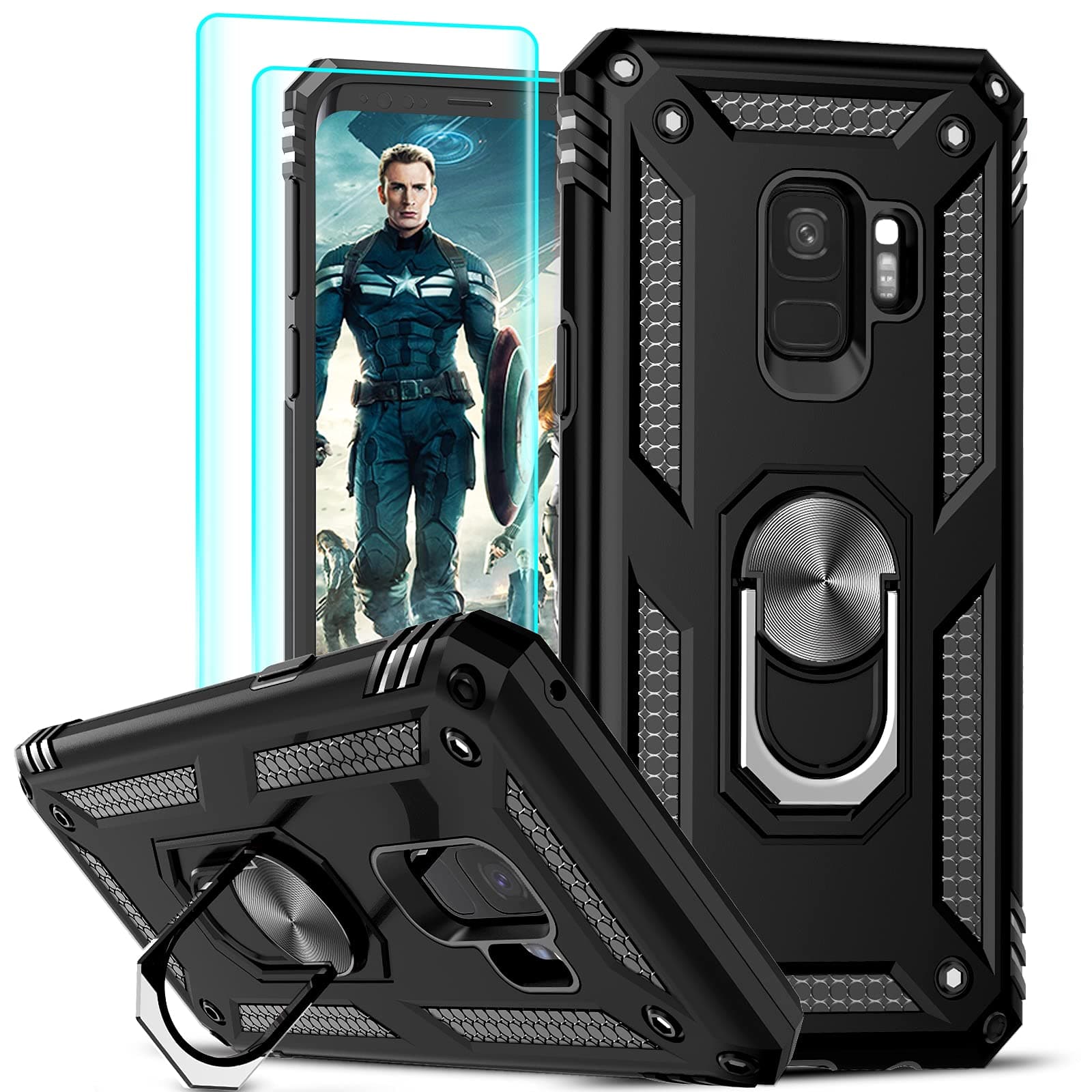 LeYi Galaxy S9 Phone Case Android Phone Cases Cover Black | with 2 PCS Soft Screen Protector, Military-Grade Protective, Metal Ring Kickstand