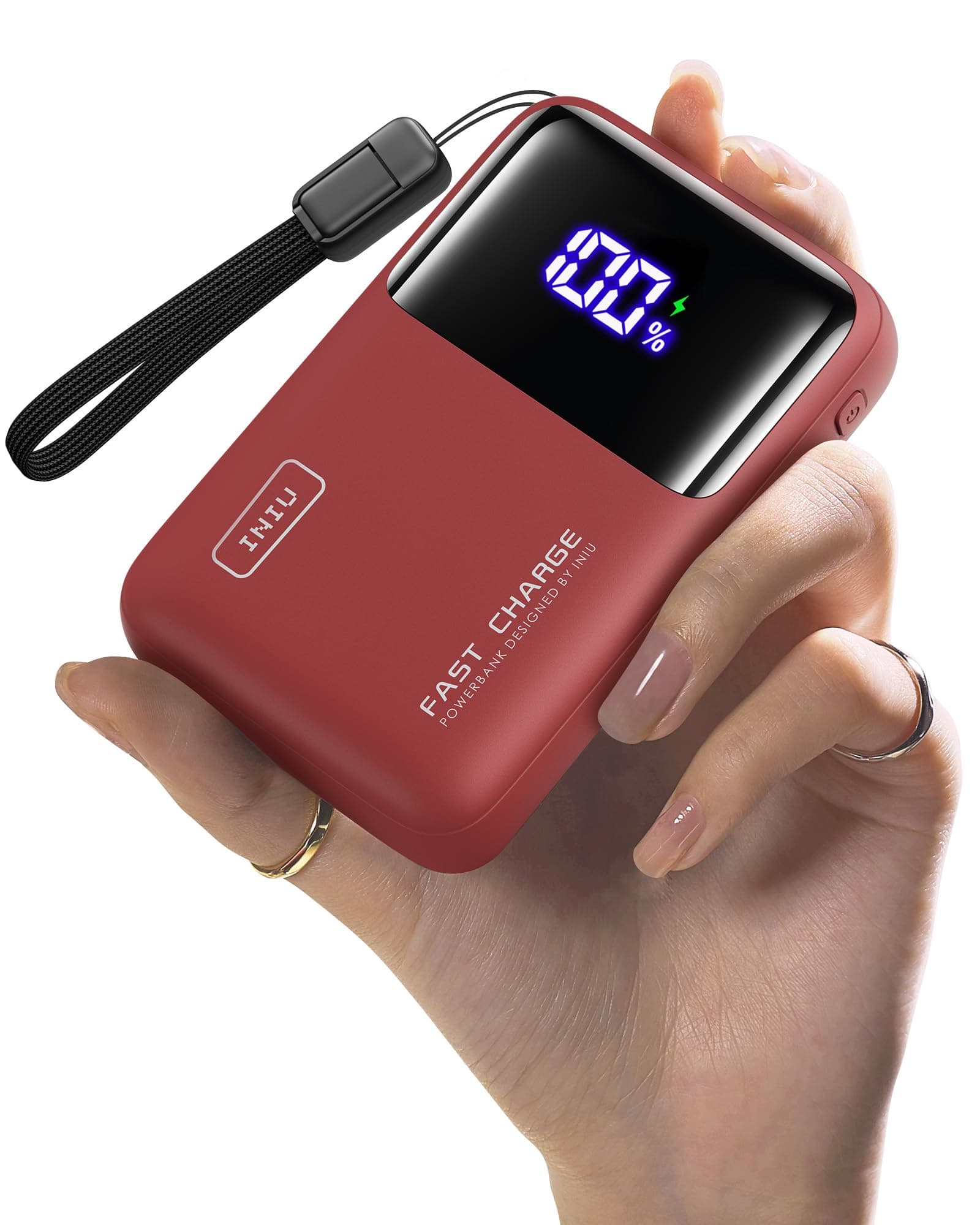 INIU Large Capacity Mobile Battery, 20,000 mAh, 65 W, Ultra Compact Size, Fast Charging, USB-C Input & Output Ports, PSE Certified, 3 Devices Simultaneously Charging, Strap-Type USB C Cable, Mobile Battery, For Laptops, Tablets, Smartphones, Outdoors, Disasters, Emergencies, MacBook iPhone 16 / 15 & Android iPad, Red