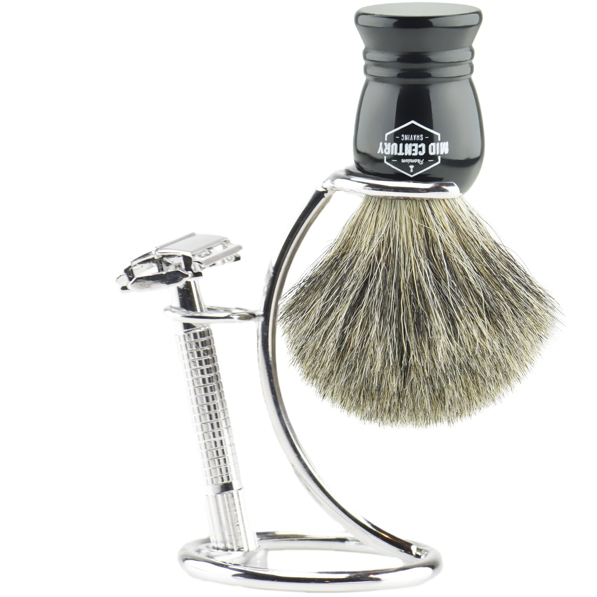 MCS Premium Safety Razor Shaving Kit: Complete Wet Shave Set w/Double Edge Razor, Pure Badger Brush, Heavy Chrome Stand, Travel Case, Extra Blades & Gift Box (Black)