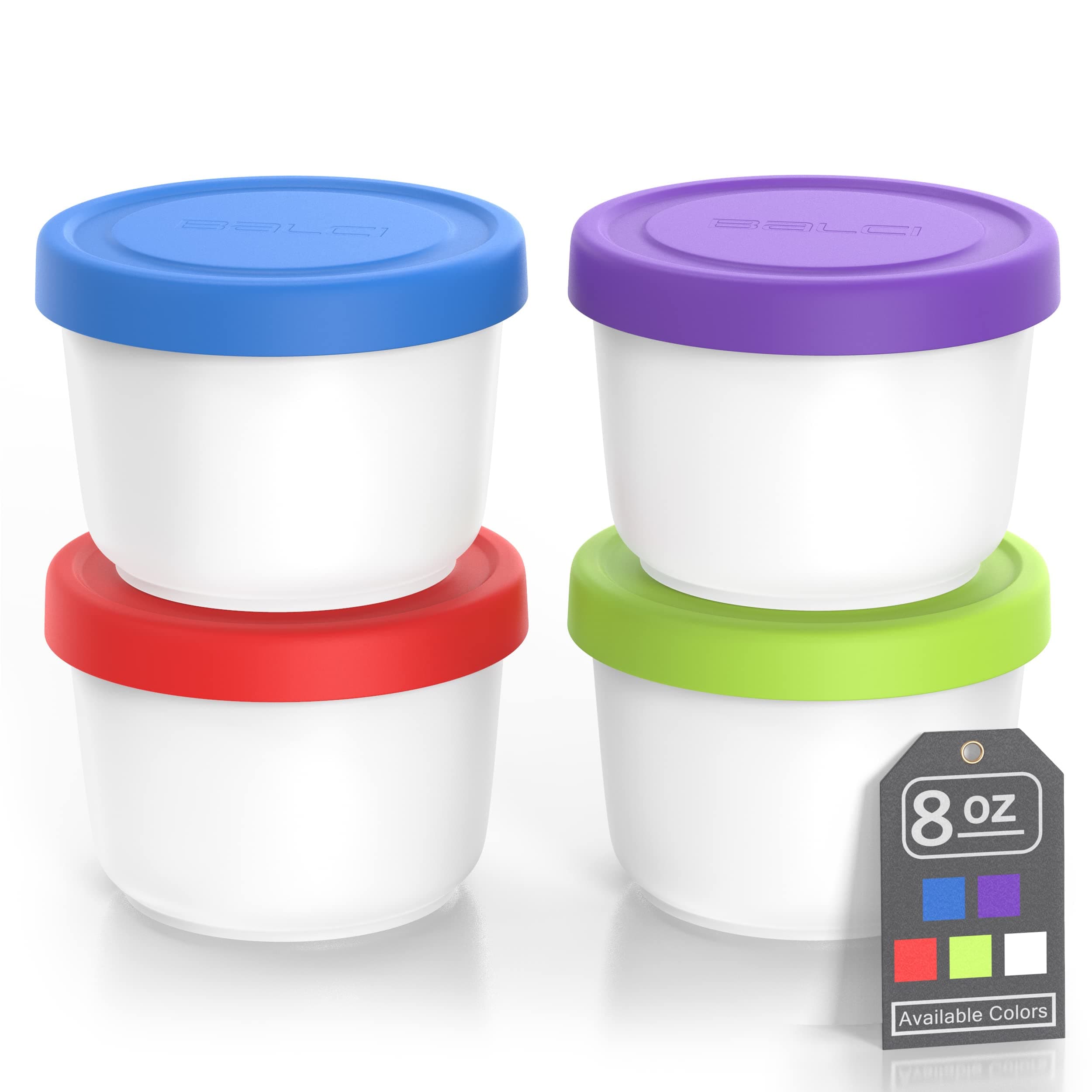 - 8oz Mini Ice Cream Containers with Silicone Lids (Set of 4) - Freezer Food Storage Containers, Reusable, LeakProof, For Homemade IceCream Containers - Blue, Red, Green, Purple
