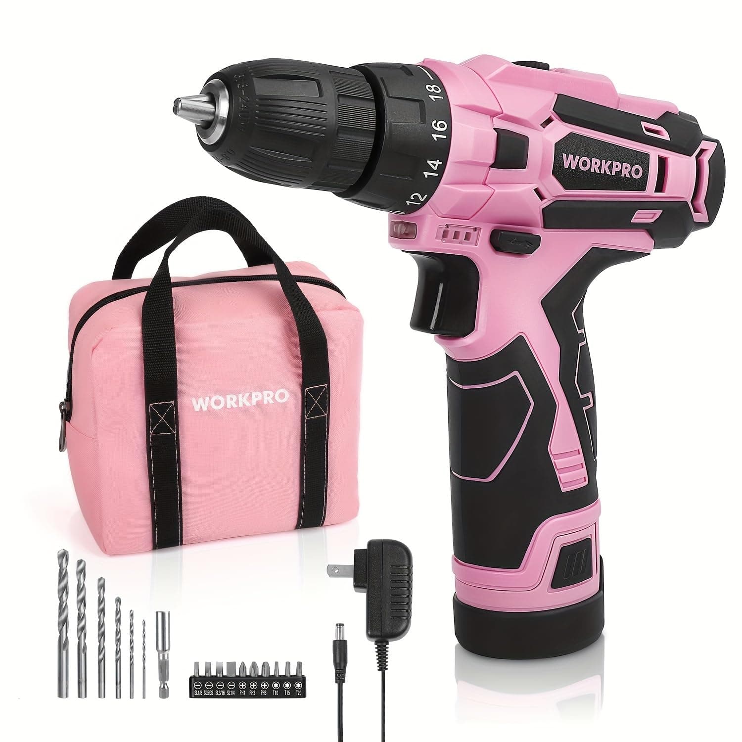 WORKPRO Pink Cordless Drill Driver Set, 12V Electric Screwdriver Driver Tool Kit, 3/8" Keyless Chuck, Charger and Storage Bag Included - Pink Ribbon
