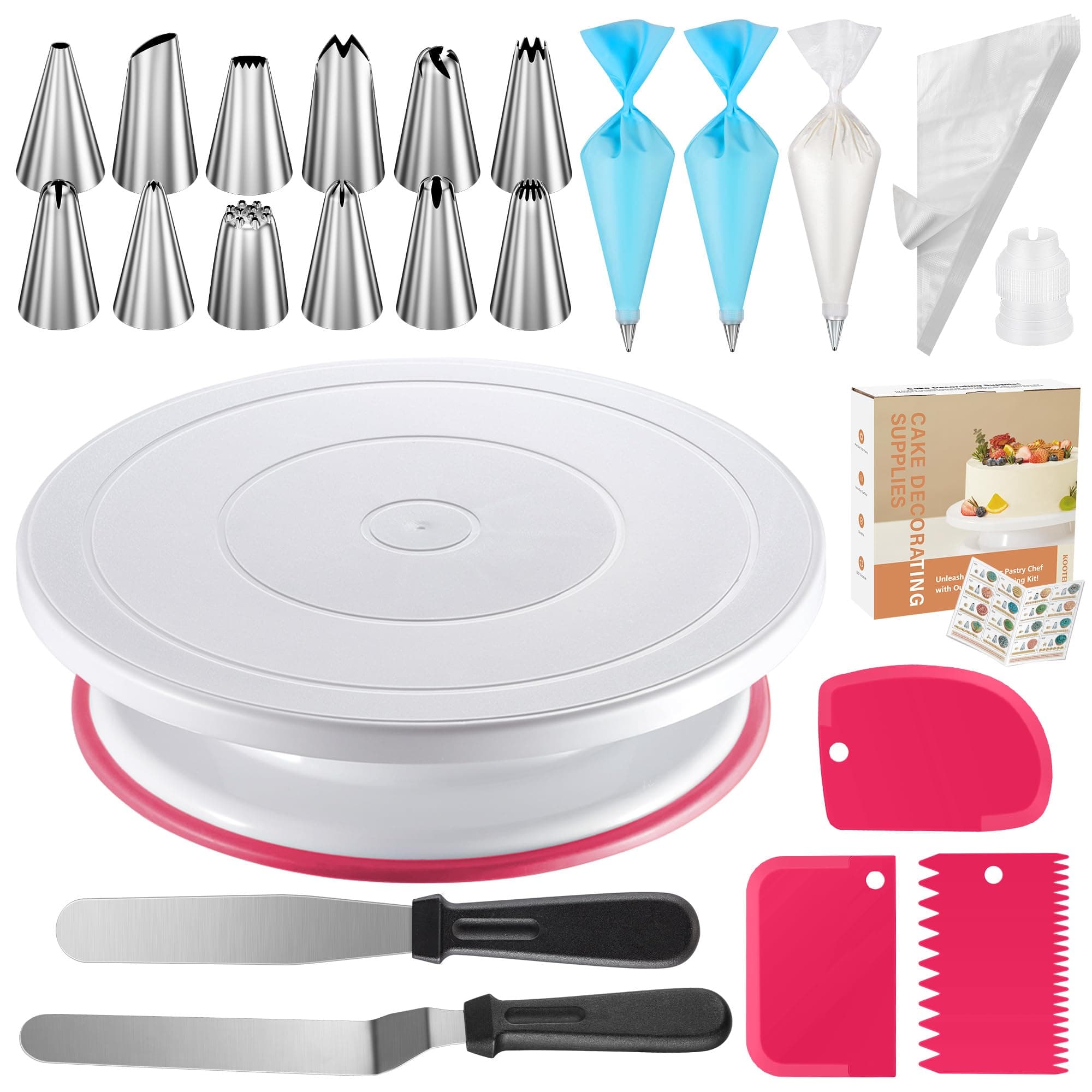 Kootek71PCs Cake Decorating Supplies Kit, Cake Decorating Set with Cake Turntable, 12 Numbered Icing Piping Tips, 2 Spatulas, 3 Icing Comb Scraper, 50+2 Piping Bags, and 1 Coupler for Baking